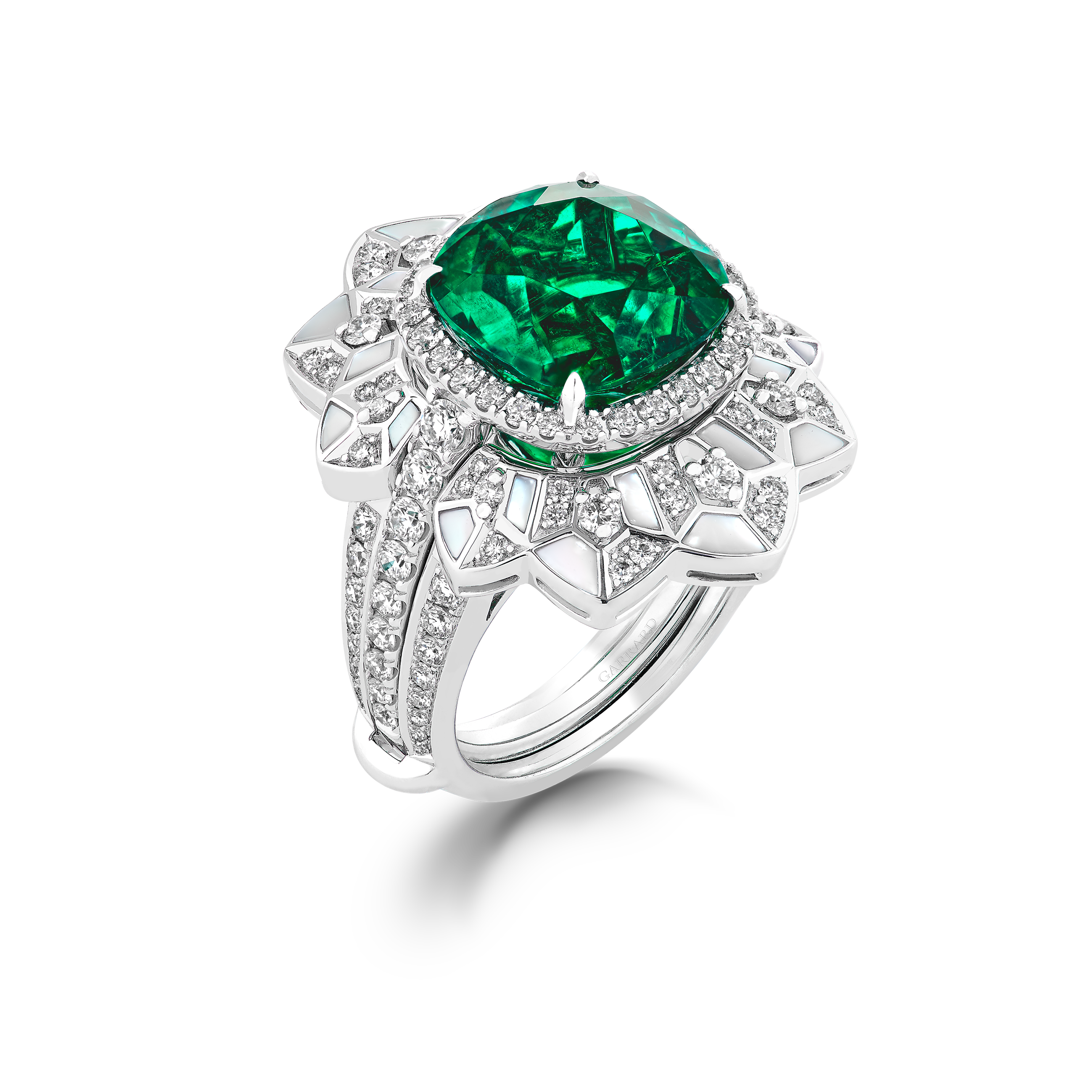 Garrard Jewelled Vault 6.67ct Cushion Cut Colombian Emerald Jacket ring In 18ct White Gold with Diamonds and Mother of Pearl 2017529 Hero Garrard Jewelled Vault 6.67ct Cushion Cut Colombian Emerald Jacket ring In 18ct White Gold with Diamonds and Mother of Pearl 2017529 Hero