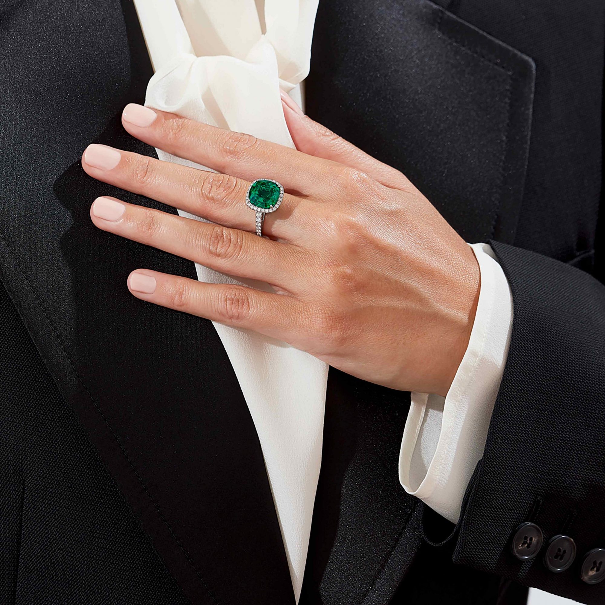 Garrard Jewelled Vault 6.67ct Cushion Cut Colombian Emerald Jacket ring In 18ct White Gold with Diamonds and Mother of Pearl 2017529 On Model 2