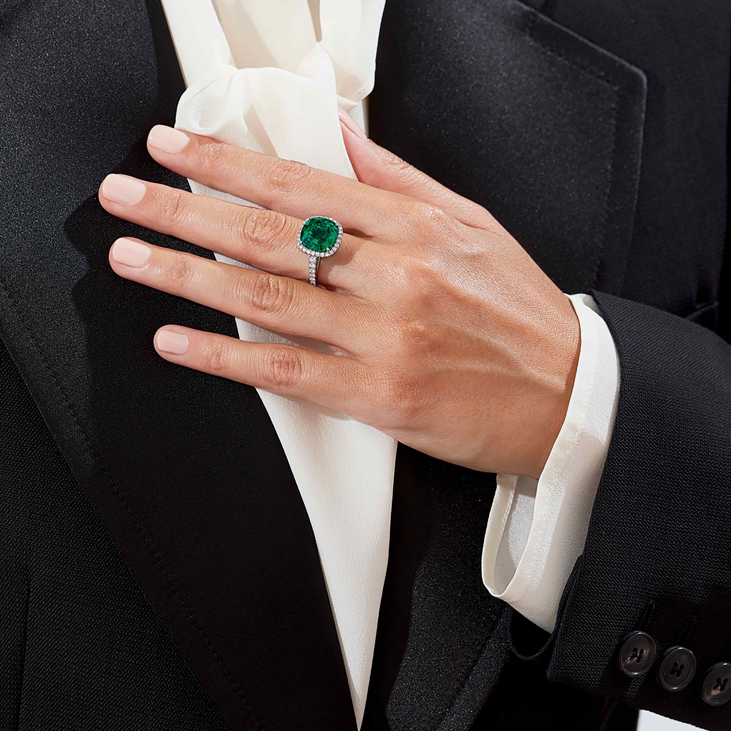 Garrard Jewelled Vault 6.67ct Cushion Cut Colombian Emerald Jacket ring In 18ct White Gold with Diamonds and Mother of Pearl 2017529 On Model 2 Garrard Jewelled Vault 6.67ct Cushion Cut Colombian Emerald Jacket ring In 18ct White Gold with Diamonds and Mother of Pearl 2017529 On Model 2