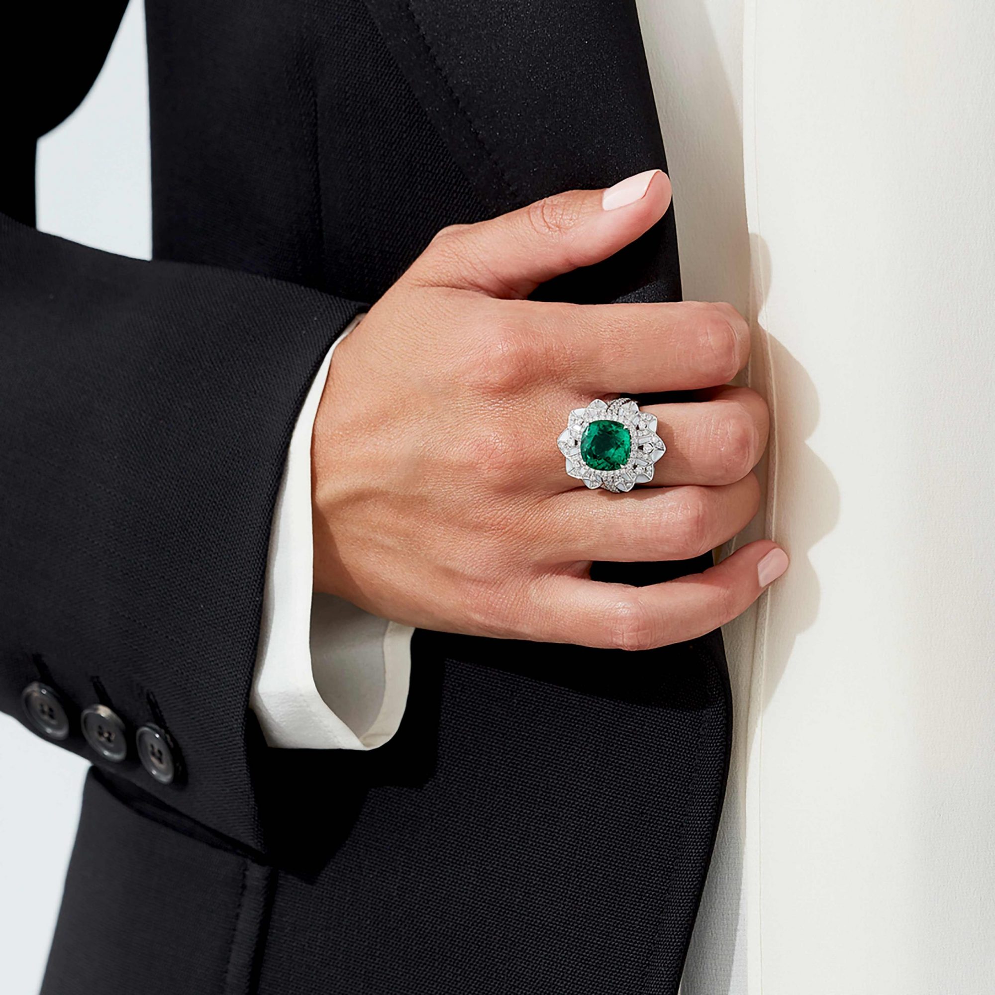 Garrard Jewelled Vault 6.67ct Cushion Cut Colombian Emerald Jacket ring In 18ct White Gold with Diamonds and Mother of Pearl 2017529 On Model