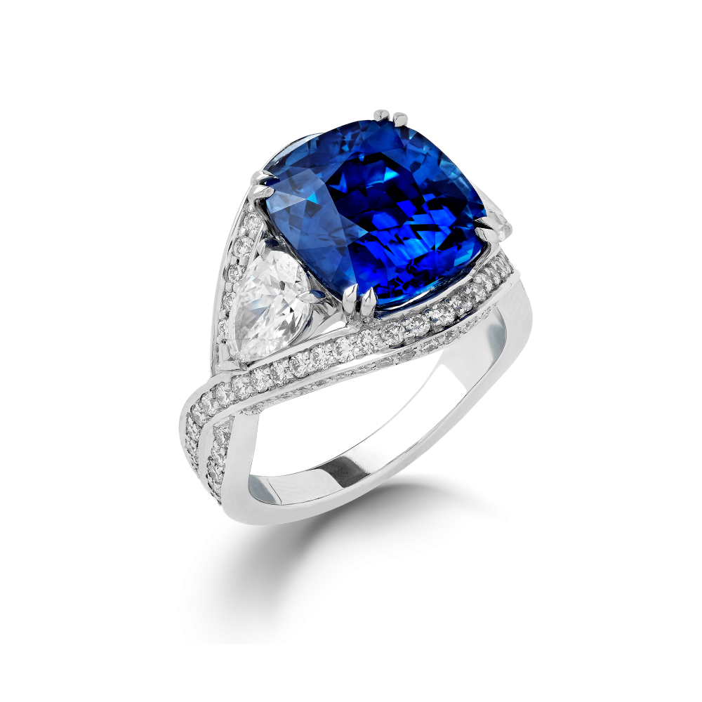 Garrard Jewelled Vault 8.85ct Cushion Cut Royal Blue Sapphire Ring In 18ct White Gold with Diamonds 2016303 Hero