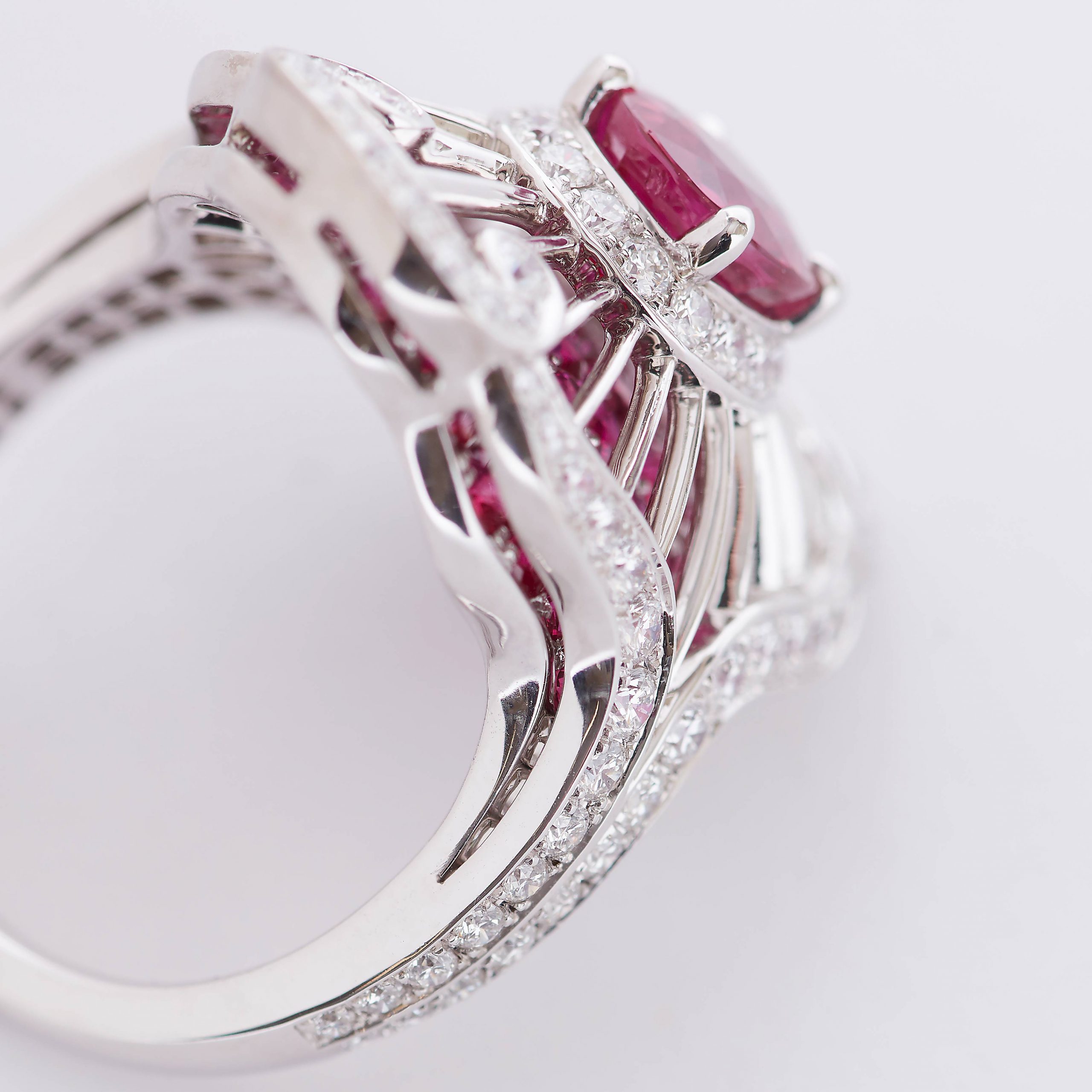 Garrard Jewelled Vault Oval Burmese Pigeons Blood Ruby Ring In 18ct White Gold with Rubies and Diamonds 2015818 Detail 2 Garrard Jewelled Vault Oval Burmese Pigeons Blood Ruby Ring In 18ct White Gold with Rubies and Diamonds 2015818 Detail 2