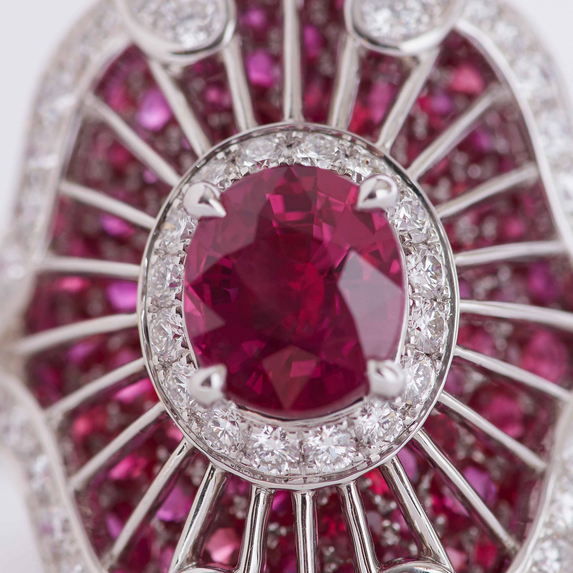 Garrard Jewelled Vault Oval Burmese Pigeons Blood Ruby Ring In 18ct White Gold with Rubies and Diamonds 2015818 Detail