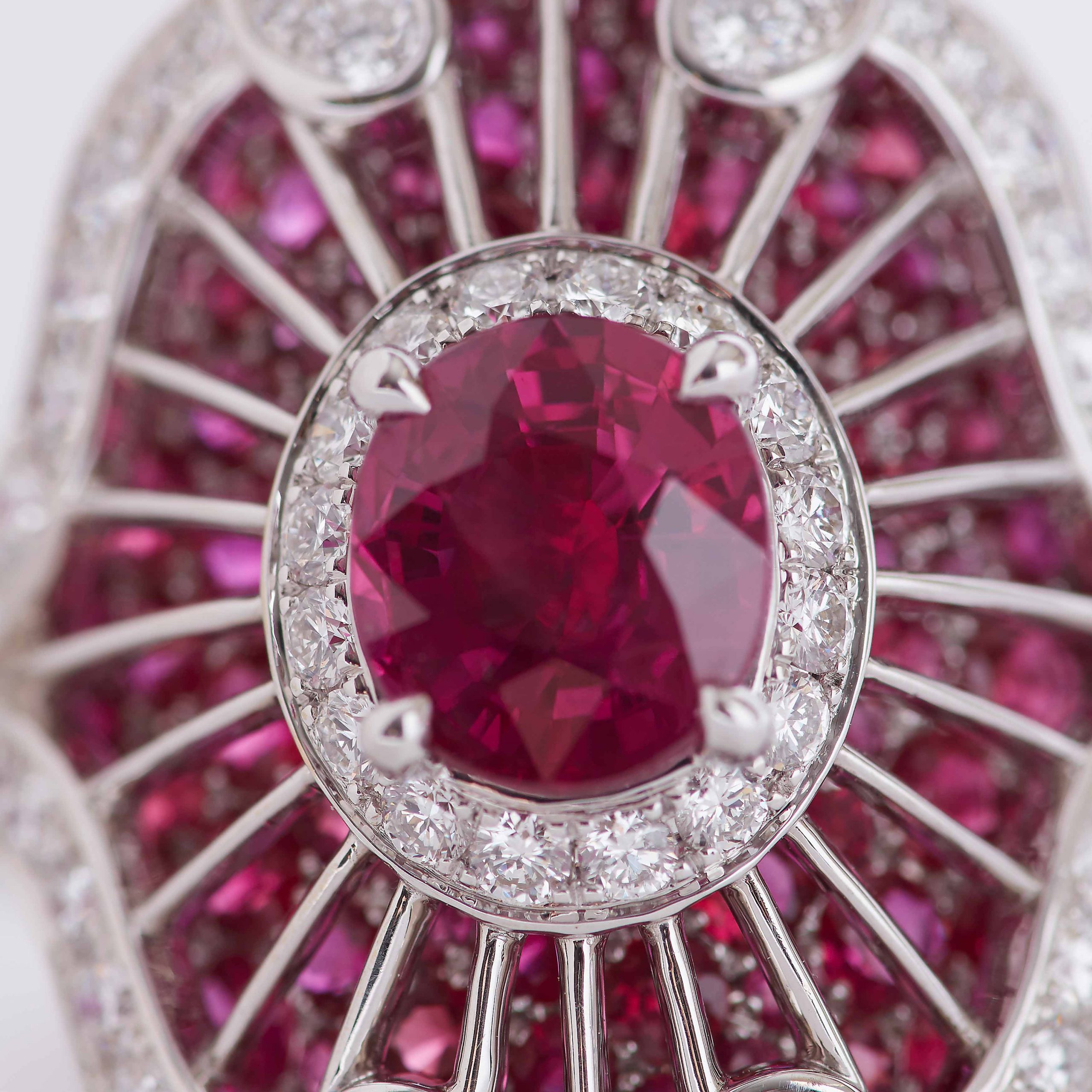 Garrard Jewelled Vault Oval Burmese Pigeons Blood Ruby Ring In 18ct White Gold with Rubies and Diamonds 2015818 Detail Garrard Jewelled Vault Oval Burmese Pigeons Blood Ruby Ring In 18ct White Gold with Rubies and Diamonds 2015818 Detail
