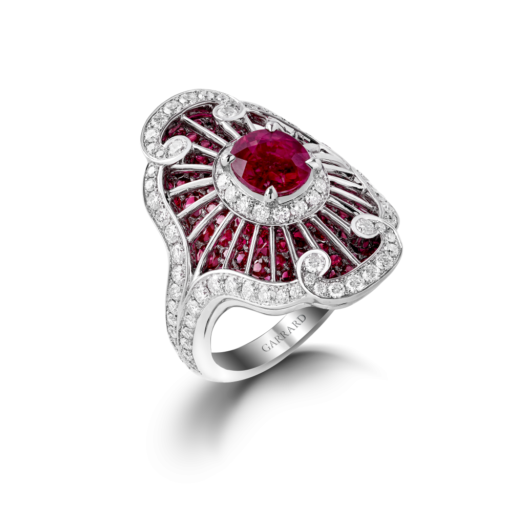 Garrard Jewelled Vault Oval Burmese Pigeons Blood Ruby Ring In 18ct White Gold with Rubies and Diamonds 2015818 Hero