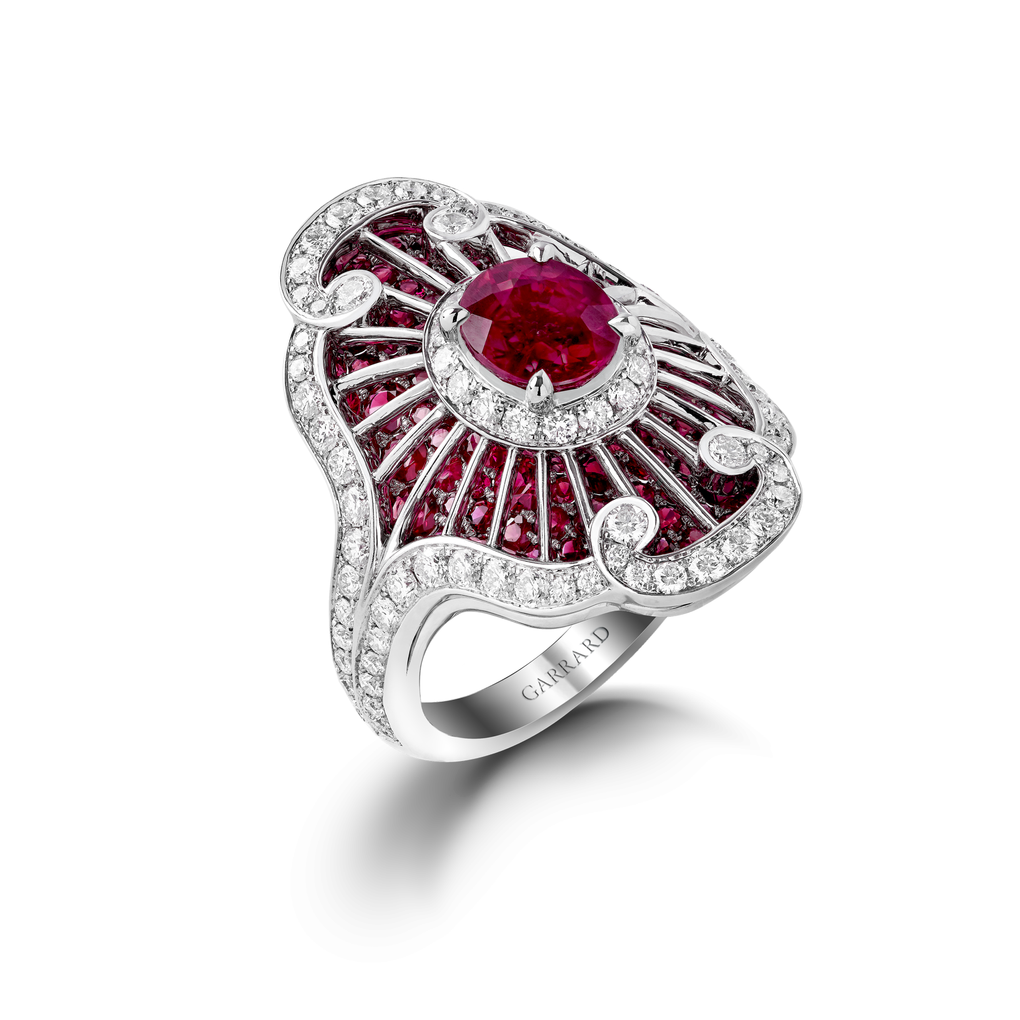 Garrard Jewelled Vault Oval Burmese Pigeons Blood Ruby Ring In 18ct White Gold with Rubies and Diamonds 2015818 Hero