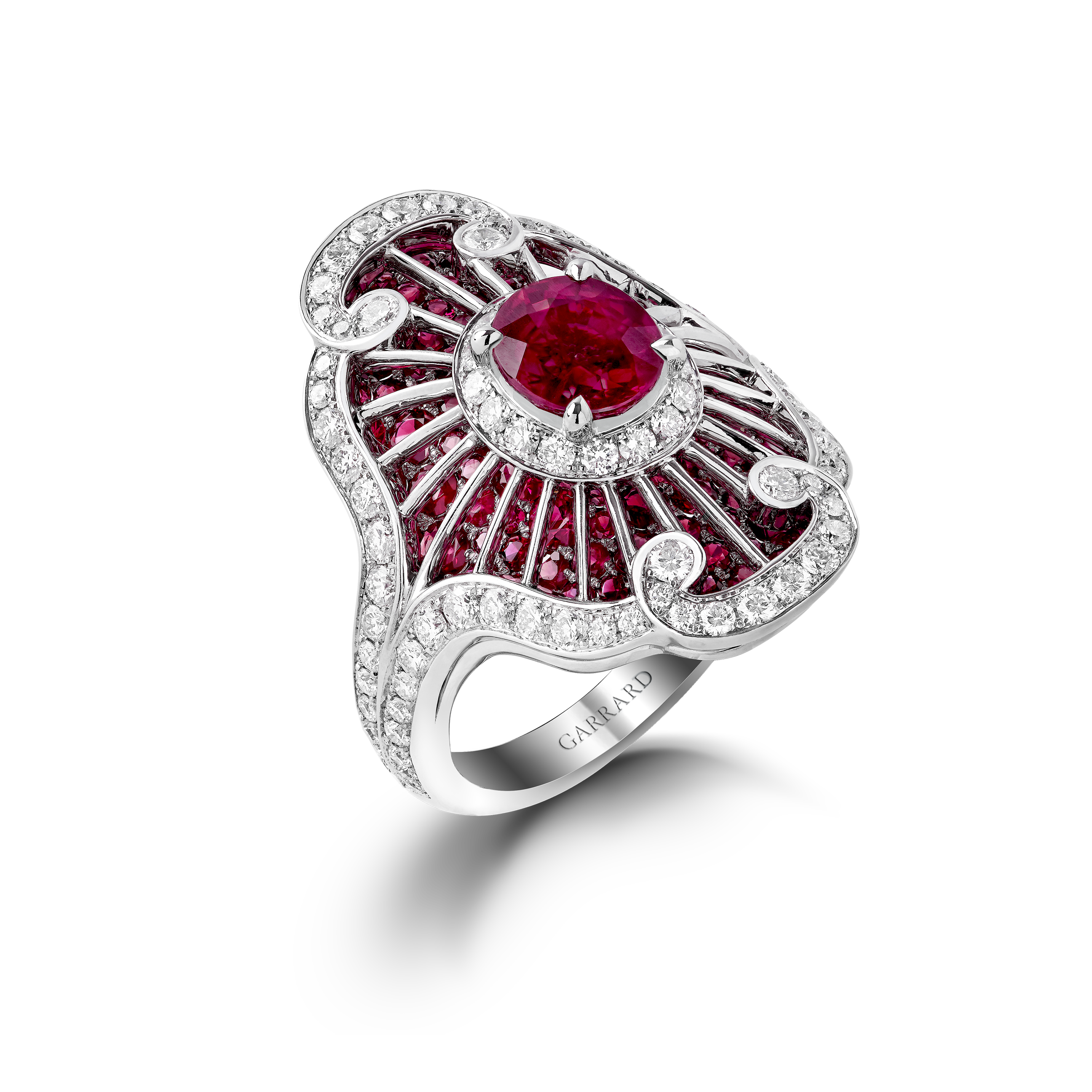 Garrard Jewelled Vault Oval Burmese Pigeons Blood Ruby Ring In 18ct White Gold with Rubies and Diamonds 2015818 Hero Garrard Jewelled Vault Oval Burmese Pigeons Blood Ruby Ring In 18ct White Gold with Rubies and Diamonds 2015818 Hero