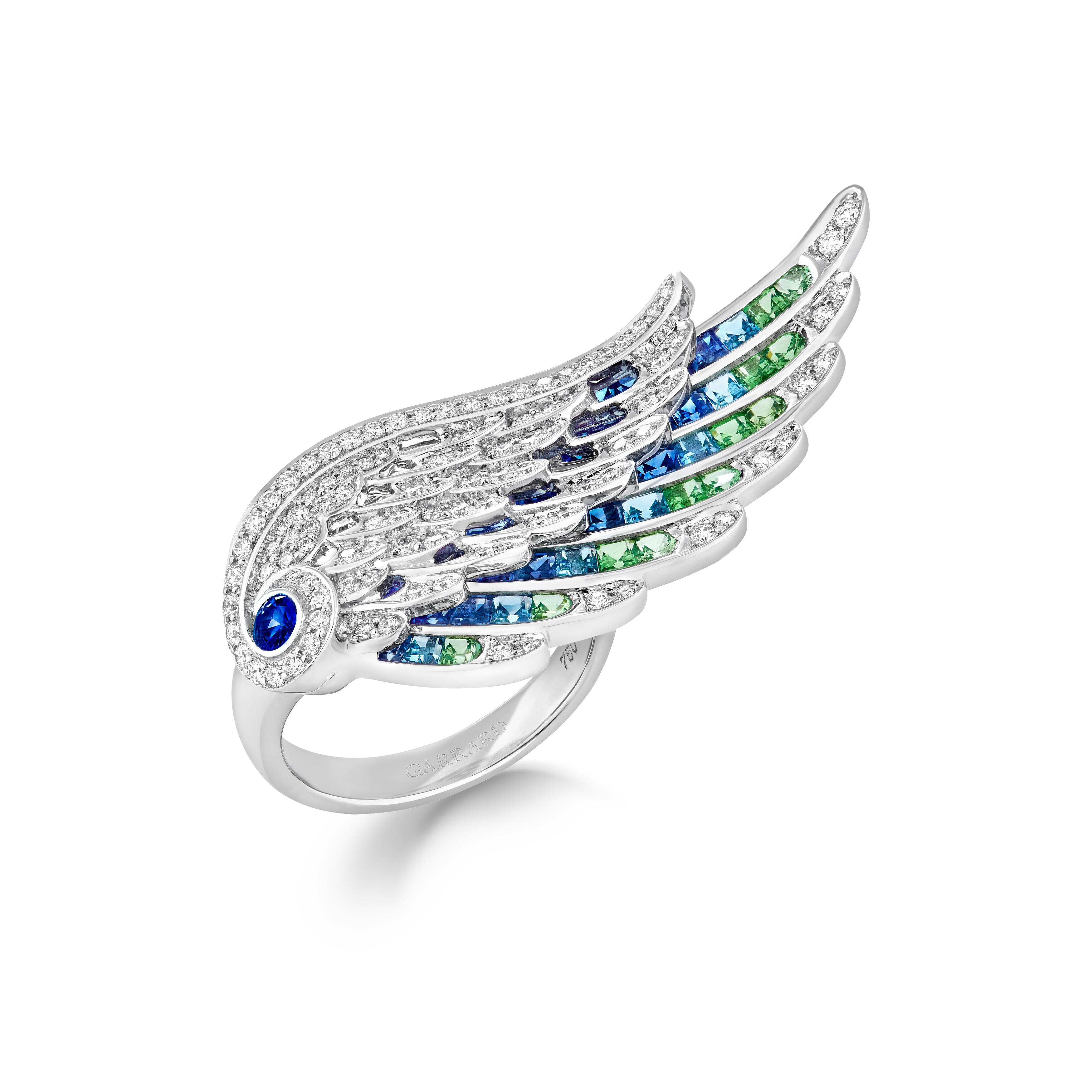 Garrard WIngs Embrace collection Peacock ring with diamonds Sapphires Tsavorites and Aquamarines 2017612 Hero View Garrard WIngs Embrace collection Peacock ring with diamonds Sapphires Tsavorites and Aquamarines 2017612 Hero View
