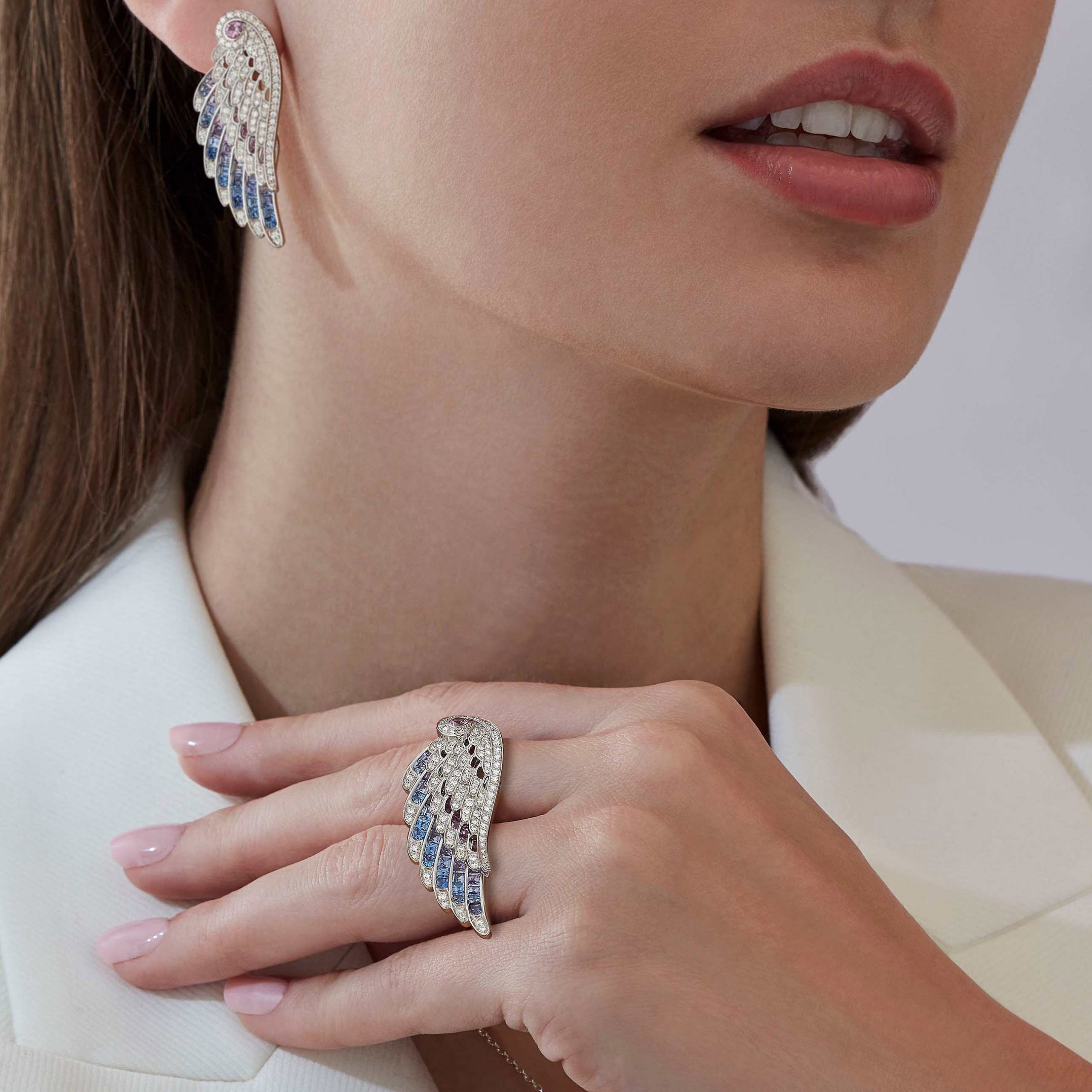 Garrard Wings Embrace Collection Bird of Paradise Ring in 18ct White Gold with Diamonds and Sapphires 2017603 pendant and earrings Model 1 Garrard Wings Embrace Collection Bird of Paradise Ring in 18ct White Gold with Diamonds and Sapphires 2017603 pendant and earrings Model 1