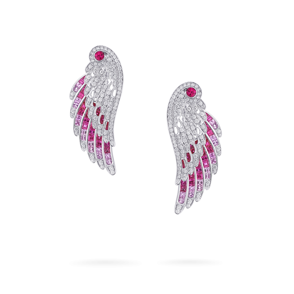 Garrard Wings Embrace collection Flamingo Ear Jackets In 18ct White Gold with Diamonds Rubies and Sapphires 2017605 Hero