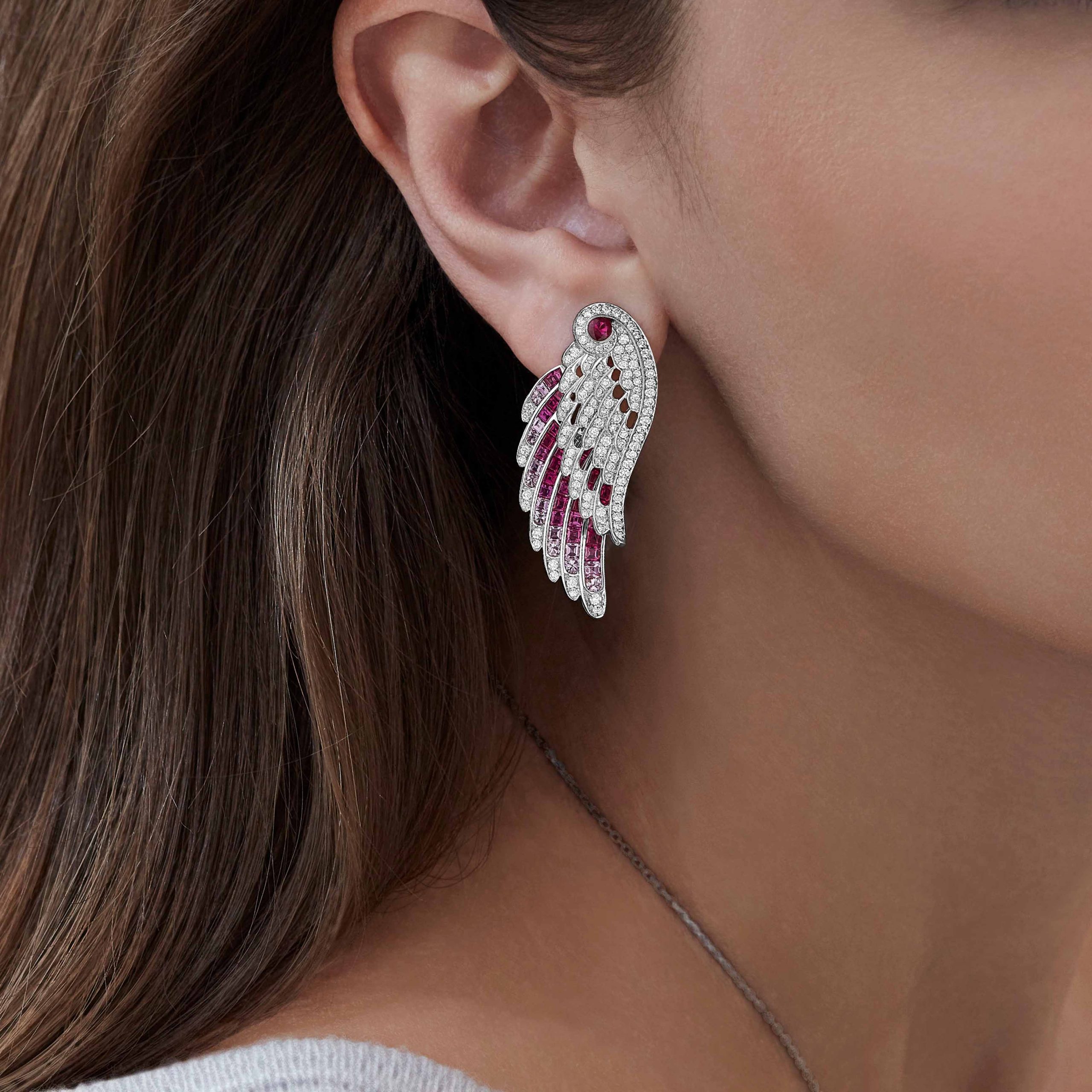Garrard Wings Embrace collection Flamingo Ear Jackets In 18ct White Gold with Diamonds Rubies and Sapphires 2017605 Model 1 Garrard Wings Embrace collection Flamingo Ear Jackets In 18ct White Gold with Diamonds Rubies and Sapphires 2017605 Model 1