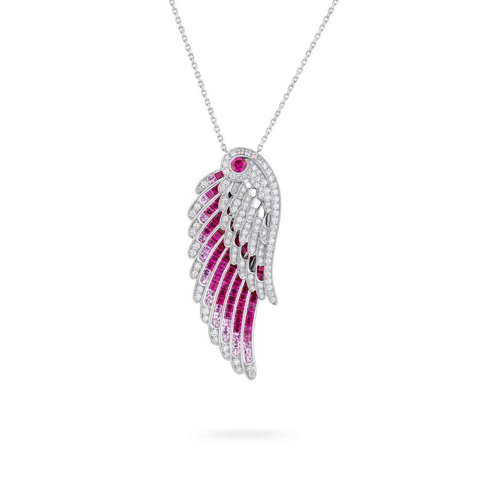 Garrard Wings Embrace collection Flamingo Slider Pendant In 18ct White Gold with Diamonds Rubies and Sapphires 2017604 Hero
