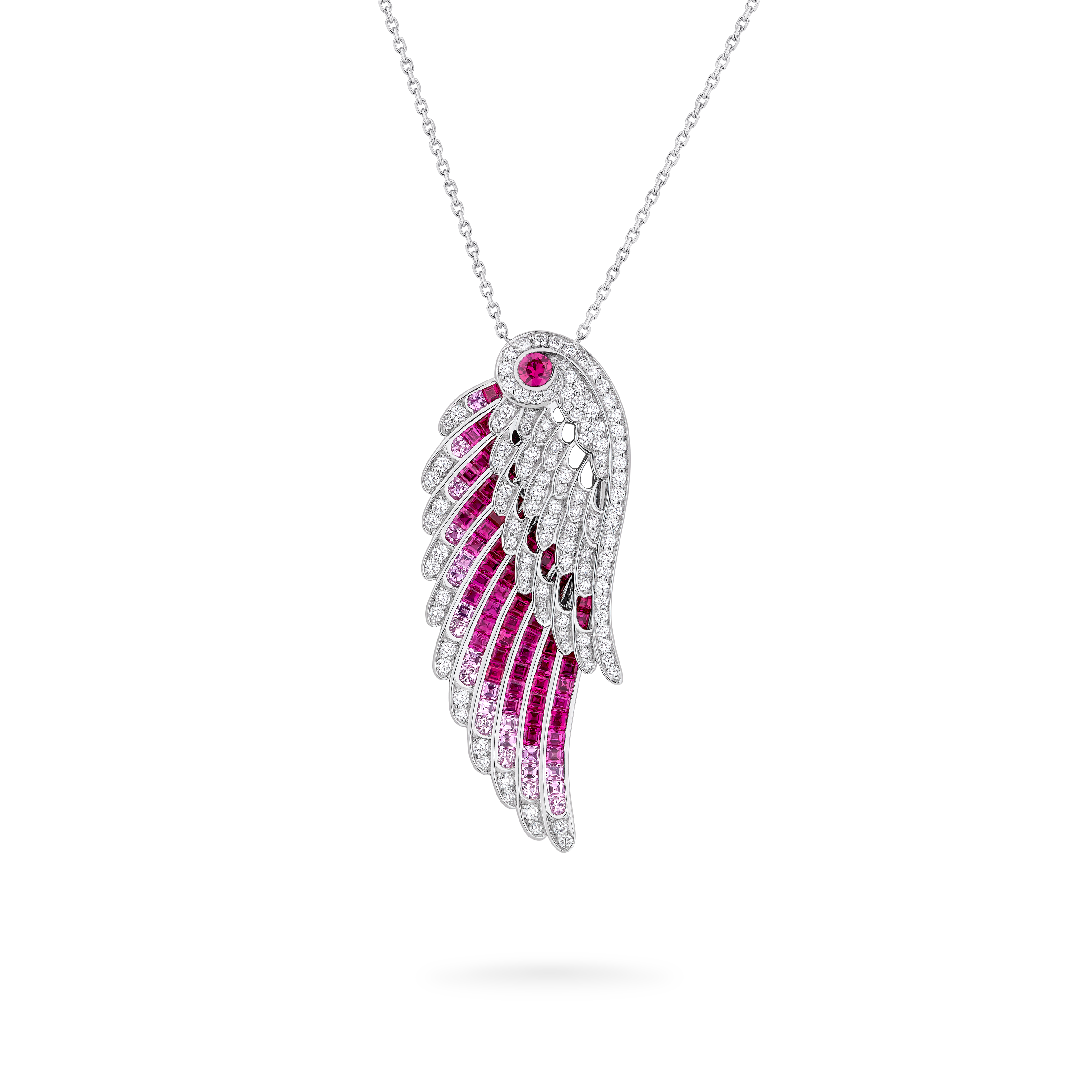 Garrard Wings Embrace collection Flamingo Slider Pendant In 18ct White Gold with Diamonds Rubies and Sapphires 2017604 Hero Garrard Wings Embrace collection Flamingo Slider Pendant In 18ct White Gold with Diamonds Rubies and Sapphires 2017604 Hero
