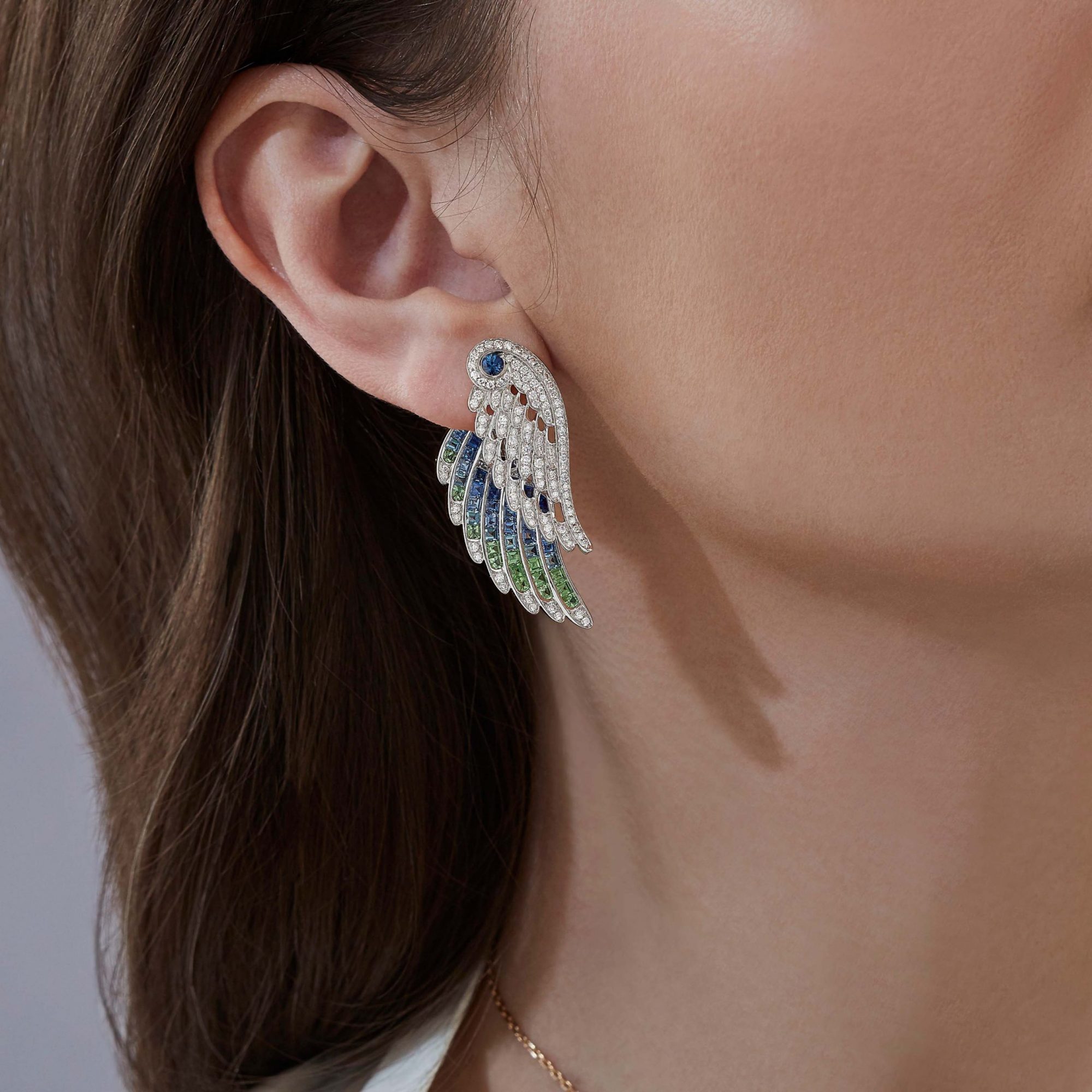 Garrard Wings Embrace collection Peacock Ear Jackets with diamonds Sapphires Tsavorites and Aquamarines 2017611 On Model 1
