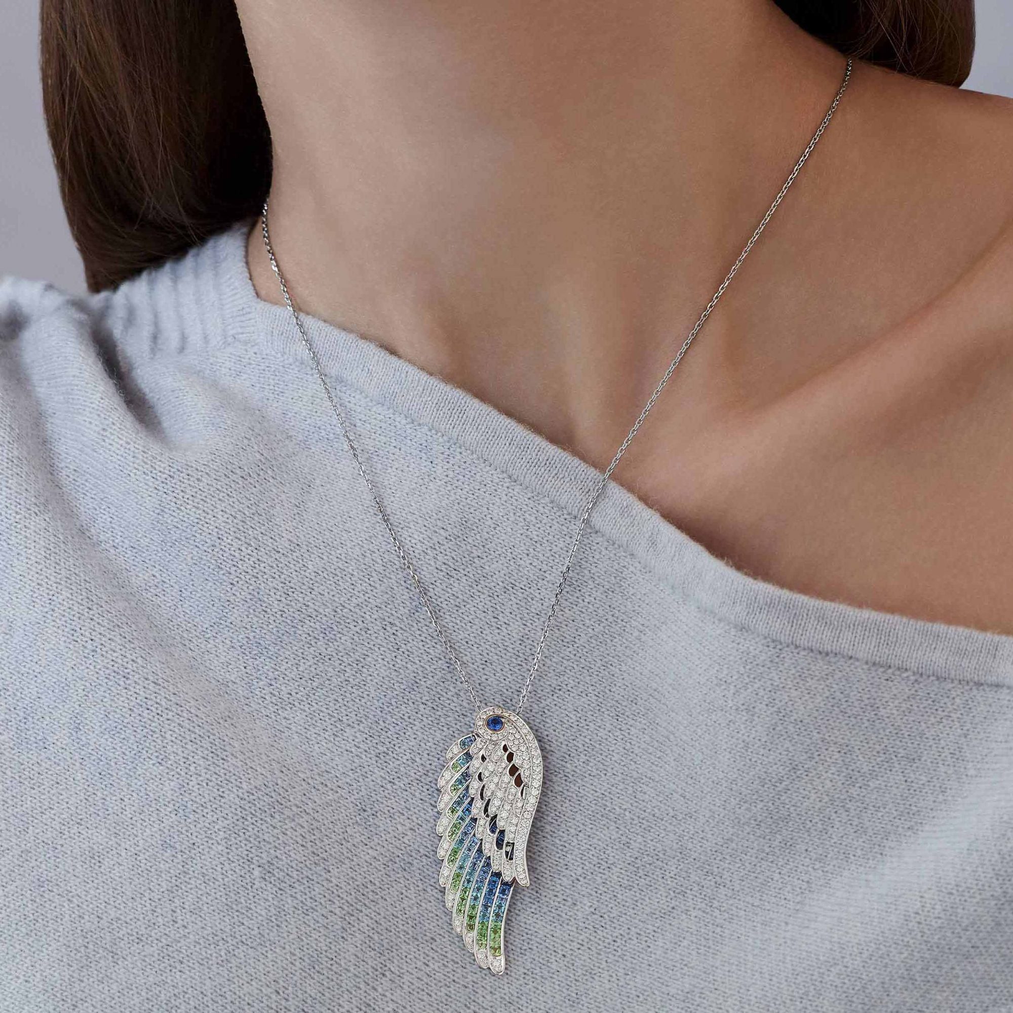 Garrard Wings Embrace collection Peacock Slide Pendant with Diamonds Sapphires Tsavorites and Aquamarines and earrings 2017610 Model 1