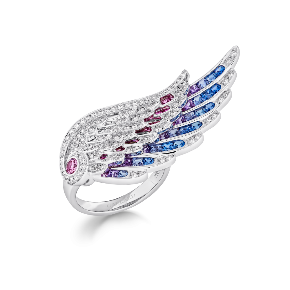 Garrard Wings Embrace jewellery Collection Bird of Paradise Ring in 18ct White Gold with Diamonds and Sapphires 2017603 hero