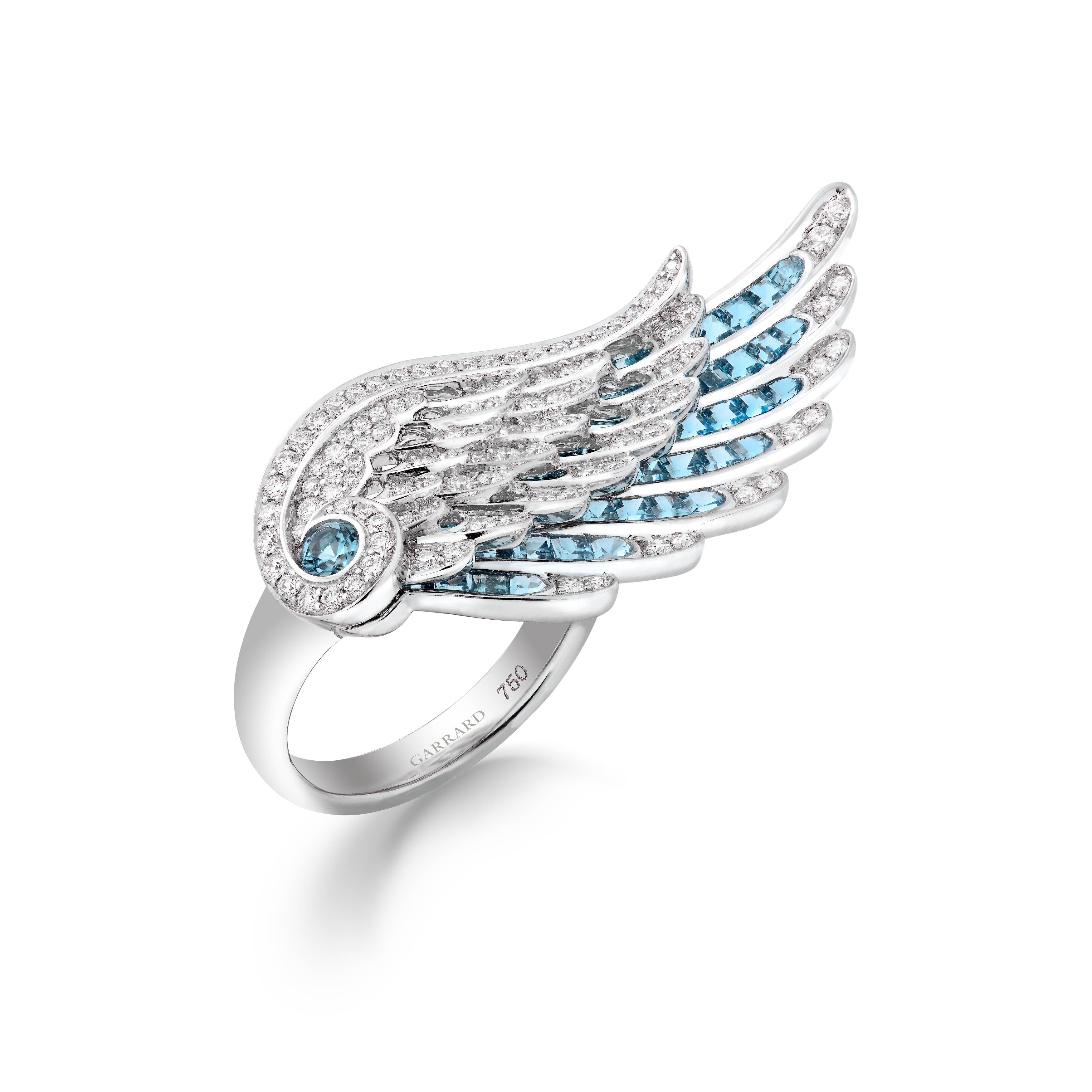 Garrard Wings Embrace jewellery collection Across the Finger Aquamarine and Diamond Ring In 18ct White Gold 2016579 Hero Garrard Wings Embrace jewellery collection Across the Finger Aquamarine and Diamond Ring In 18ct White Gold 2016579 Hero