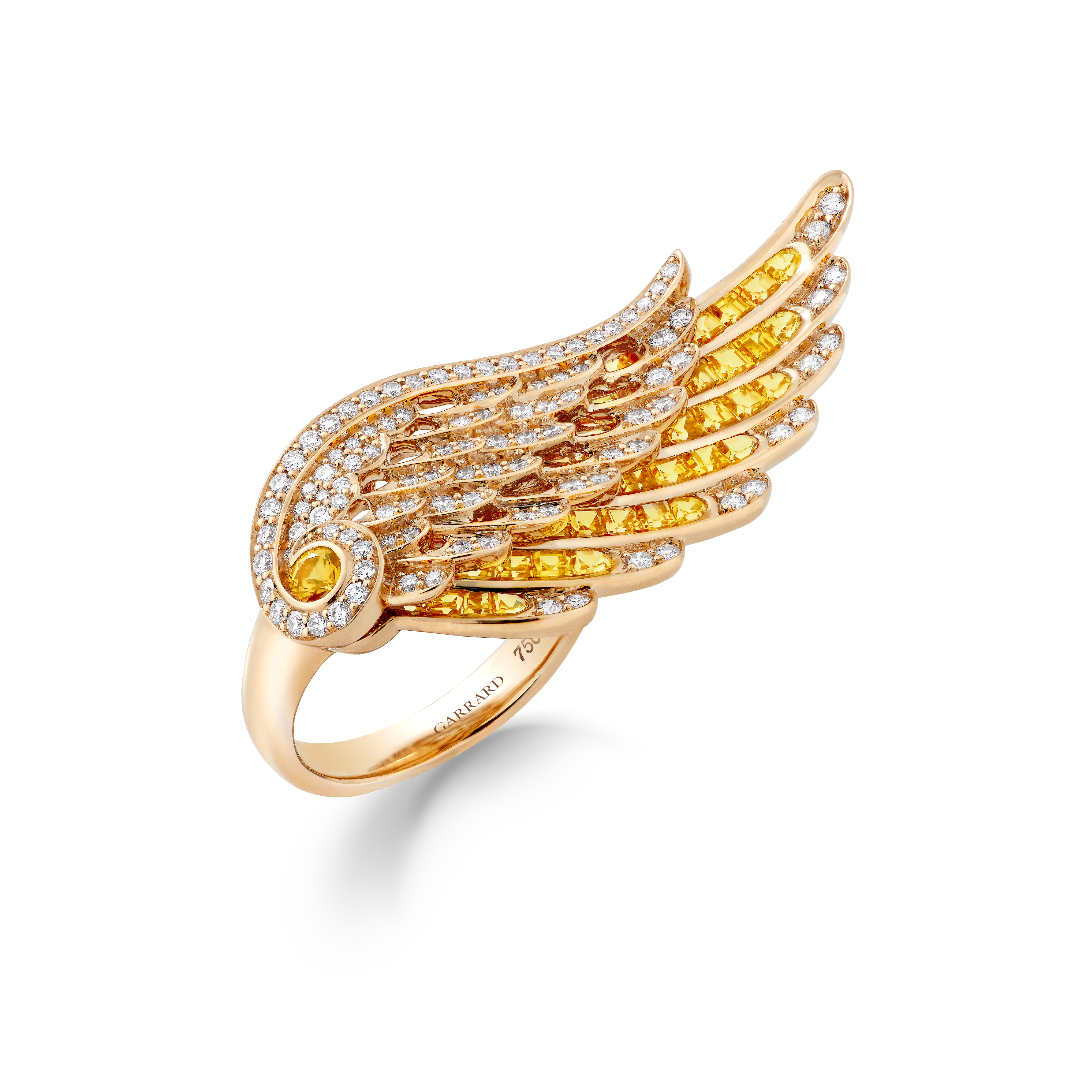 Garrard Wings Embrace jewellery collection Across the Finger Yellow Sapphire and Diamond Ring in 18ct Yellow Gold 2016582 Hero Garrard Wings Embrace jewellery collection Across the Finger Yellow Sapphire and Diamond Ring in 18ct Yellow Gold 2016582 Hero