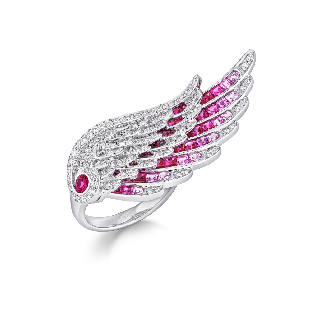 Garrard Wings Embrace jewellery collection Flamingo Ring In 18ct White Gold with Diamonds Rubies and Sapphires 2017606 Hero