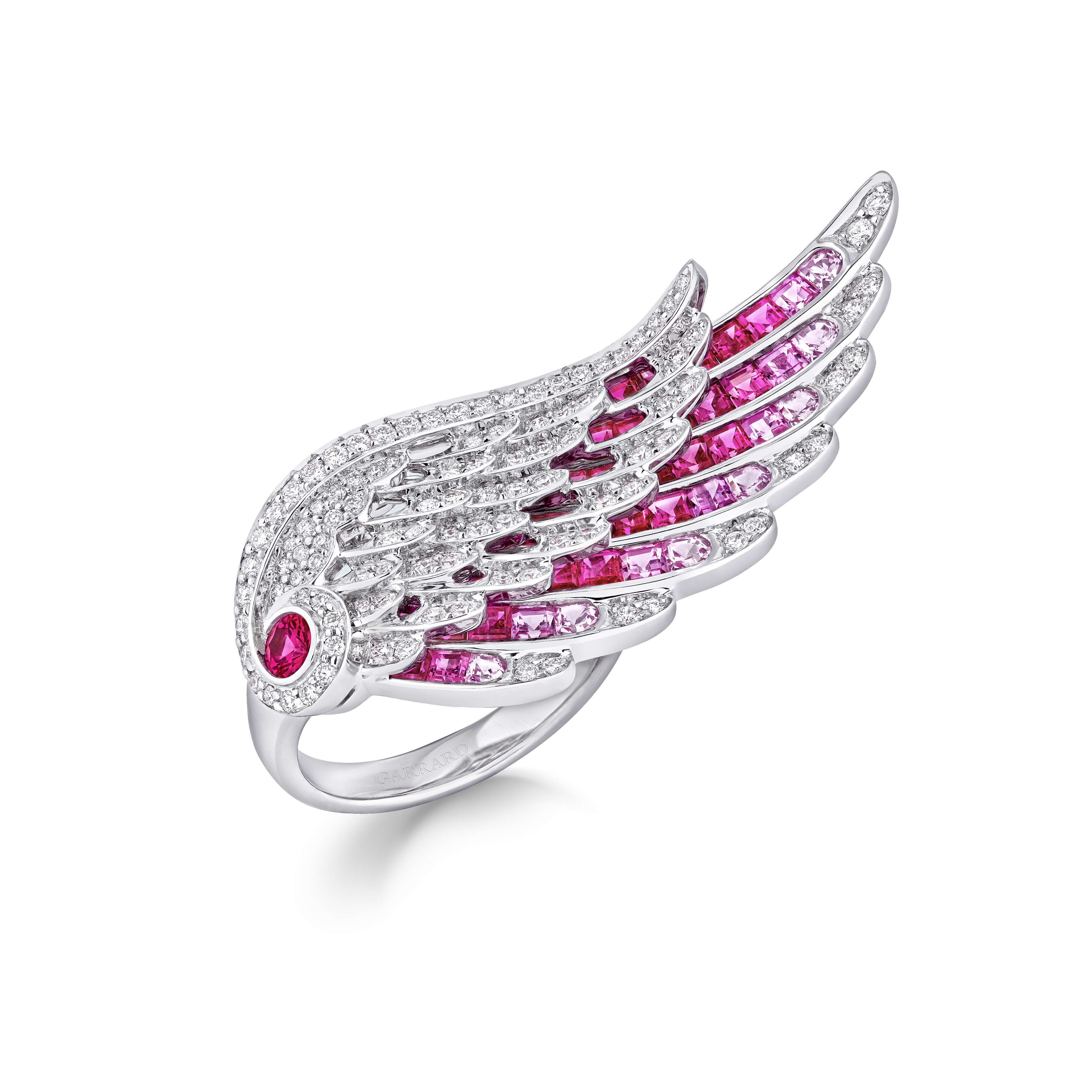 Garrard Wings Embrace jewellery collection Flamingo Ring In 18ct White Gold with Diamonds Rubies and Sapphires 2017606 Hero Garrard Wings Embrace jewellery collection Flamingo Ring In 18ct White Gold with Diamonds Rubies and Sapphires 2017606 Hero