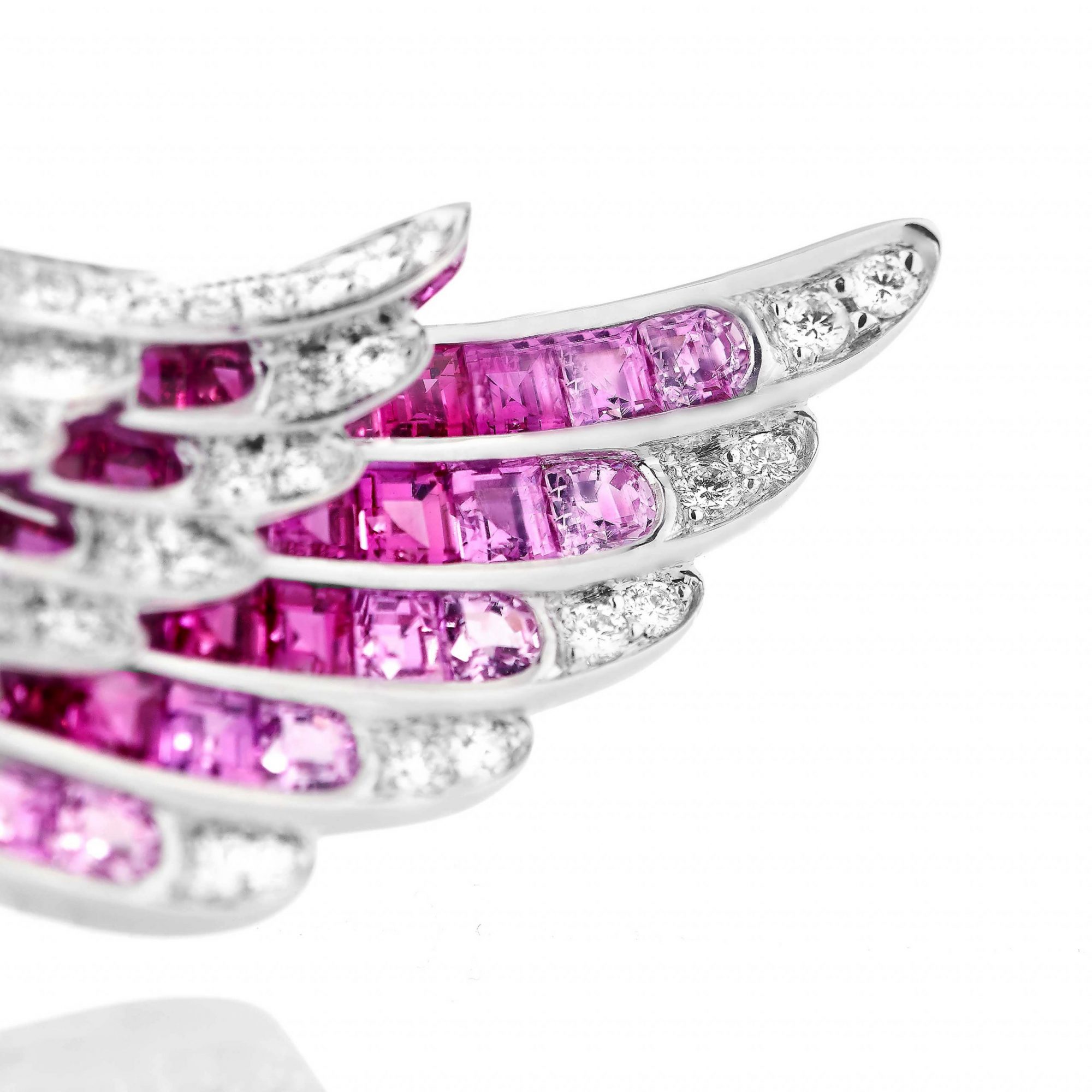 Garrard Wings Embrace jewellery collection Flamingo Ring In 18ct White Gold with Diamonds Rubies and Sapphires Detail