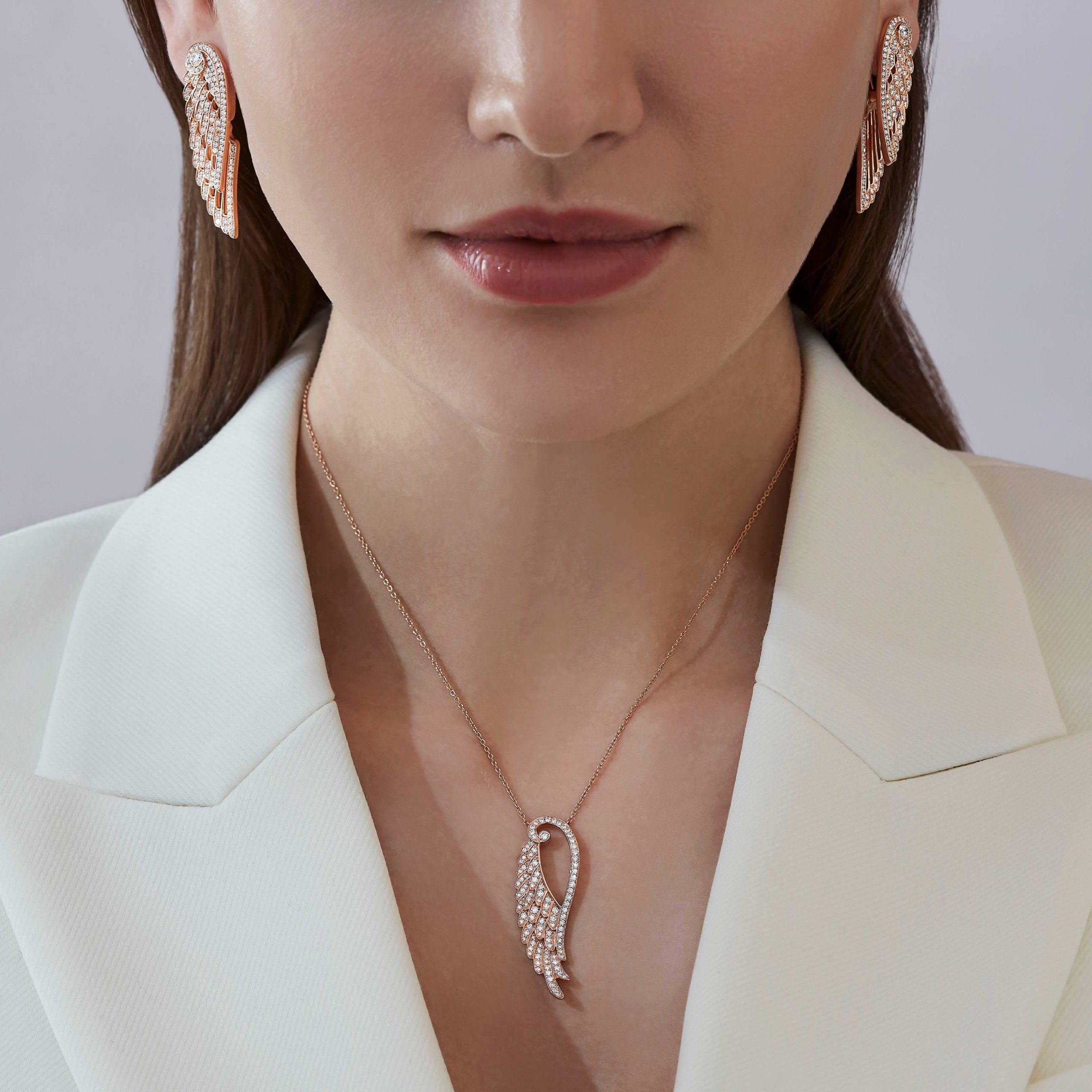 Garrard Wings Embrace jewellery collection Open Diamond Pendant In 18ct Rose Gold 2015920 On Model Garrard Wings Embrace jewellery collection Open Diamond Pendant In 18ct Rose Gold 2015920 On Model