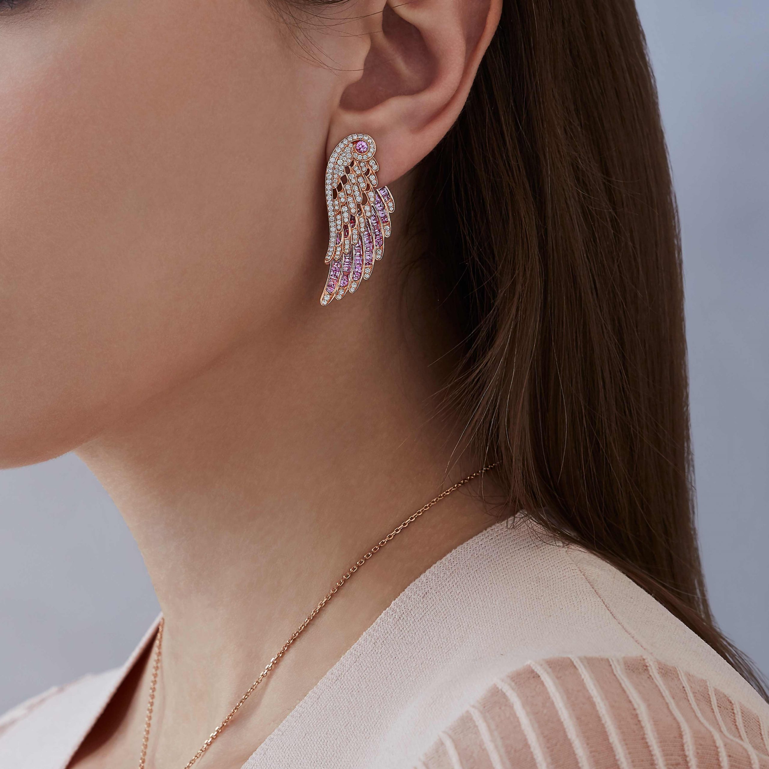 Garrard Wings Embrace jewellery collection Pink Sapphire and Diamond Ear Jackets 2016584 On Model Garrard Wings Embrace jewellery collection Pink Sapphire and Diamond Ear Jackets 2016584 On Model