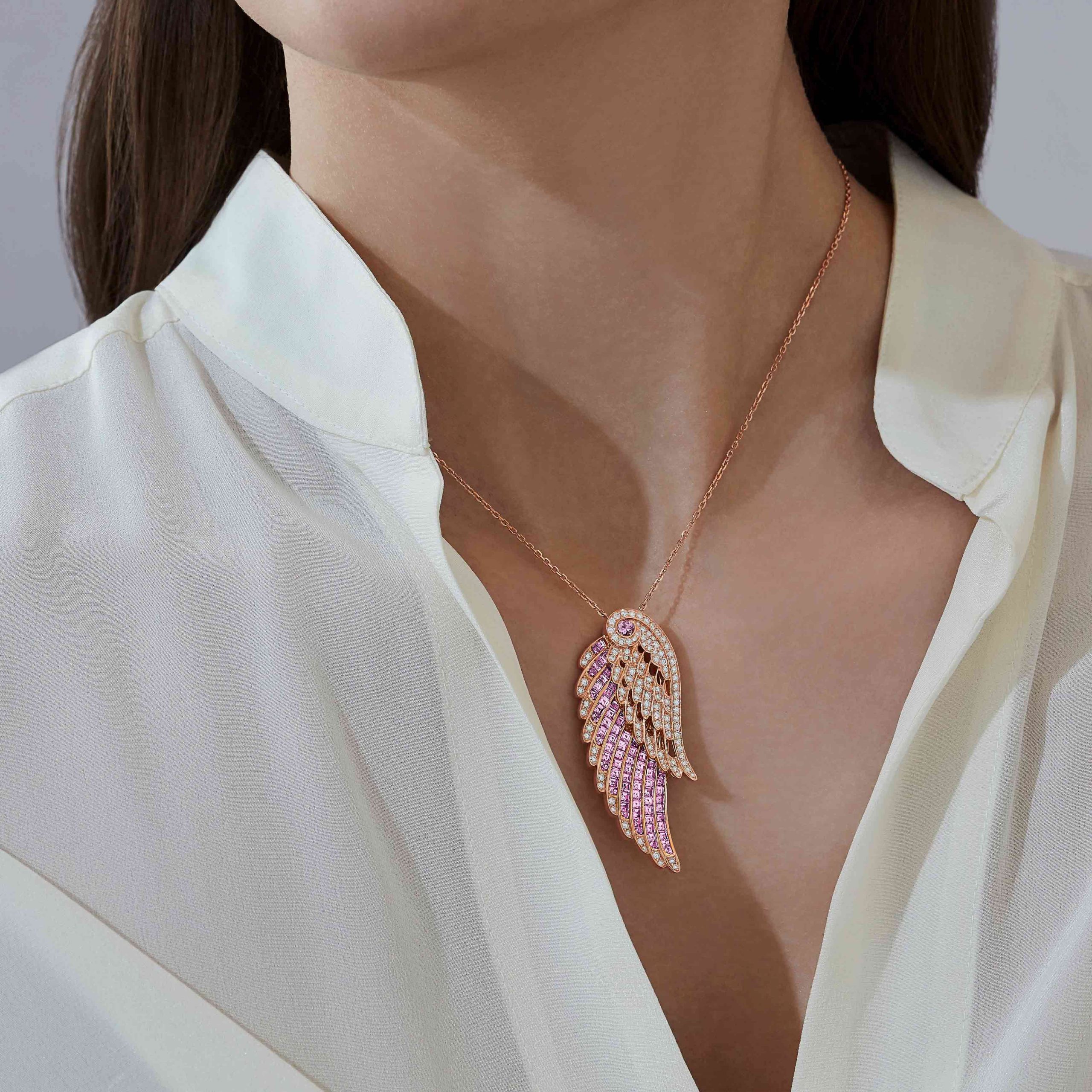 Garrard Wings Embrace jewellery collection Pink Sapphire and Diamond Slider Pendant 2016647 on Model Garrard Wings Embrace jewellery collection Pink Sapphire and Diamond Slider Pendant 2016647 on Model
