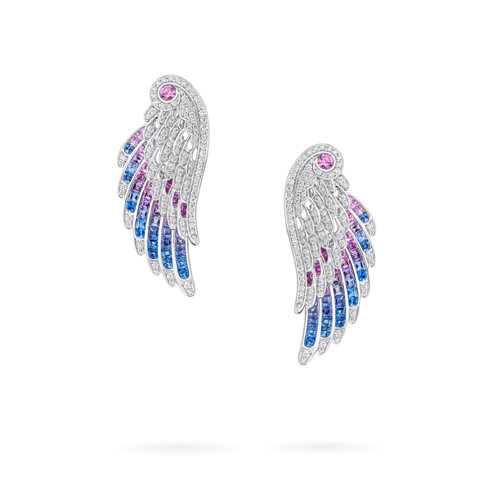 Garrard Wings collection Embrace Bird of Paradise Ear Jackets in 18ct White Gold with Diamonds and Sapphires 2017914 Hero View