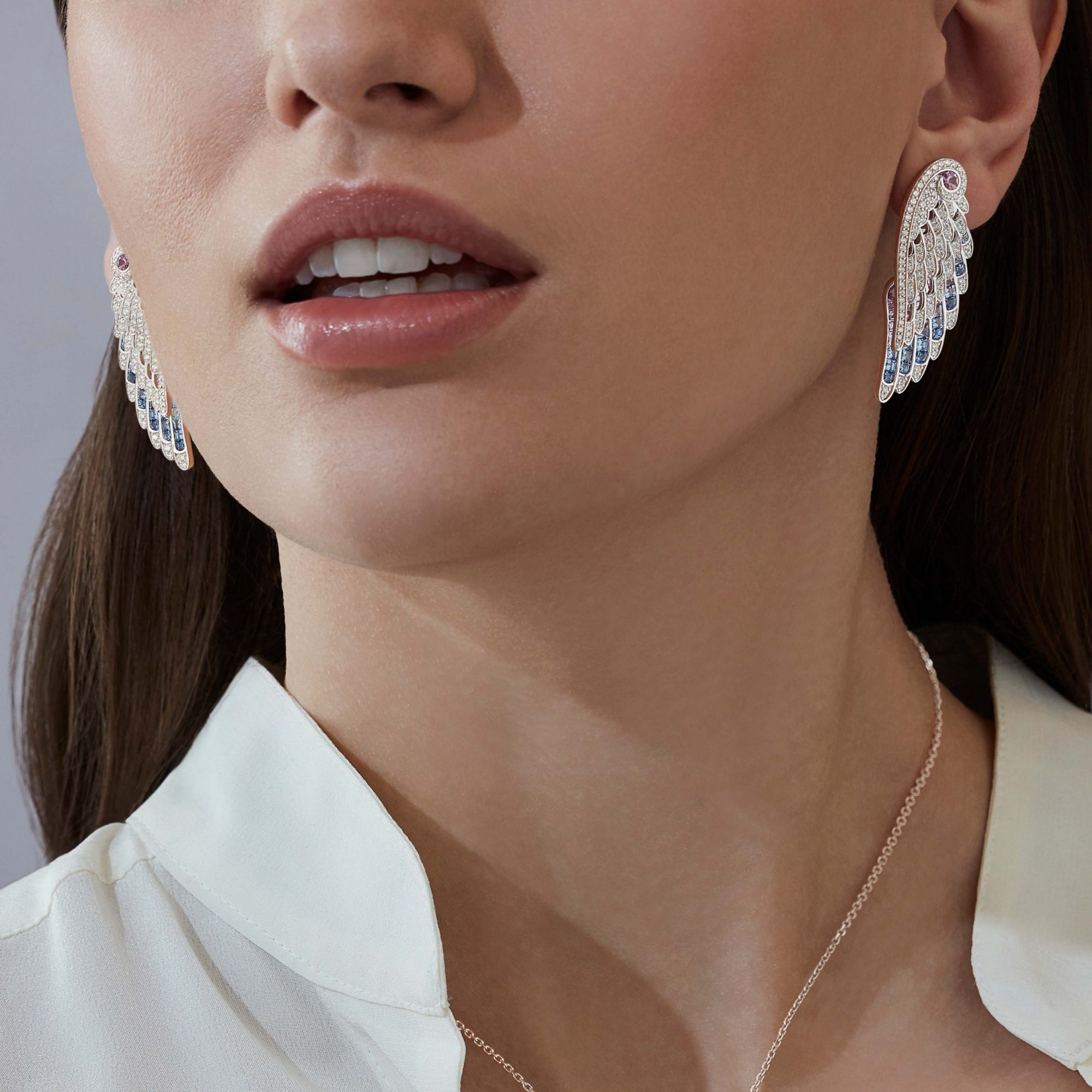 Garrard Wings collection Embrace Bird of Paradise Ear Jackets in 18ct White Gold with Diamonds and Sapphires 2017914 On Model