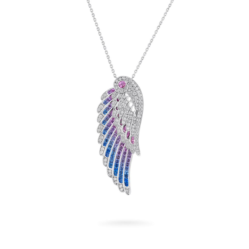 Garrard Wings collection Embrace Bird of Paradise Slider Pendant In 18ct White Gold with Diamonds and Sapphires 2017913 Hero