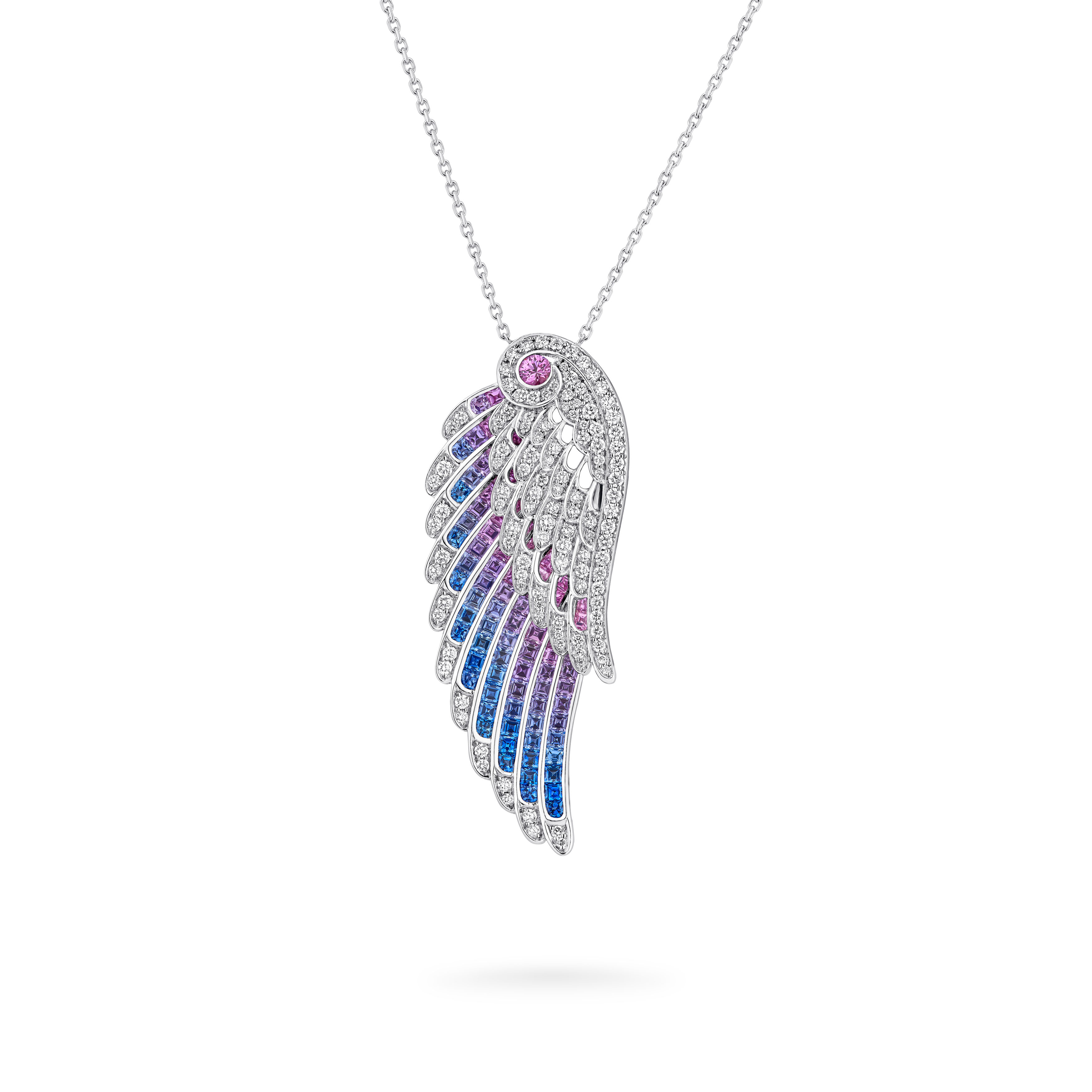 Garrard Wings collection Embrace Bird of Paradise Slider Pendant In 18ct White Gold with Diamonds and Sapphires 2017913 Hero Garrard Wings collection Embrace Bird of Paradise Slider Pendant In 18ct White Gold with Diamonds and Sapphires 2017913 Hero