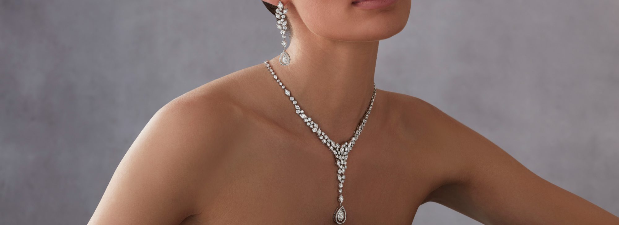 Model wears Garrard high jewellery collection Albemarle Abstract High Jewellery Suite desktop