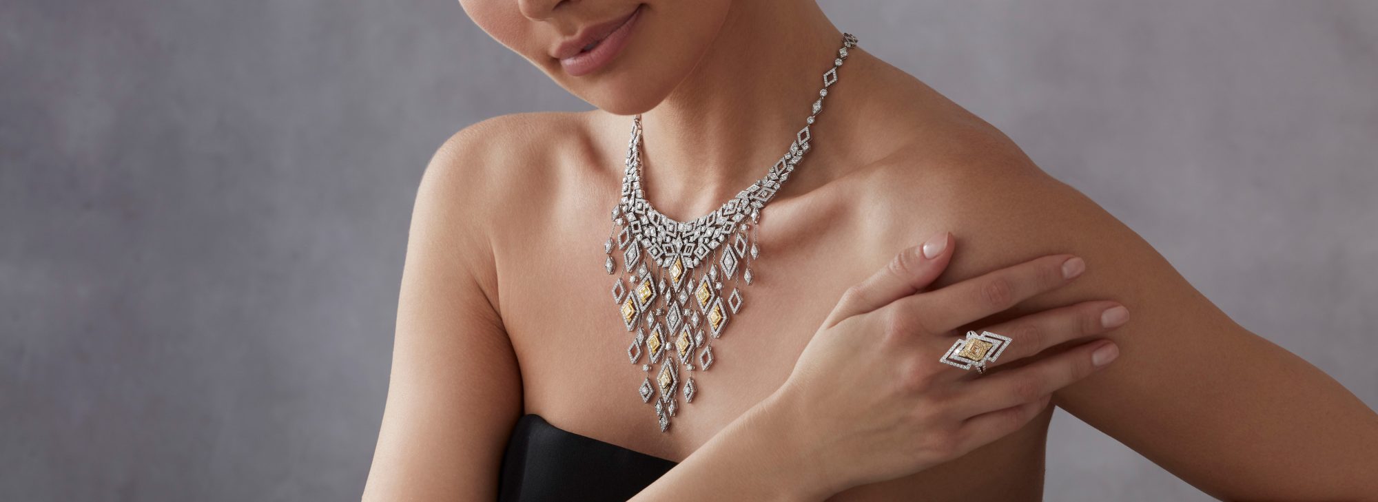 Model wears Garrard high jewellery collection Cosmo High Jewellery Suite desktop