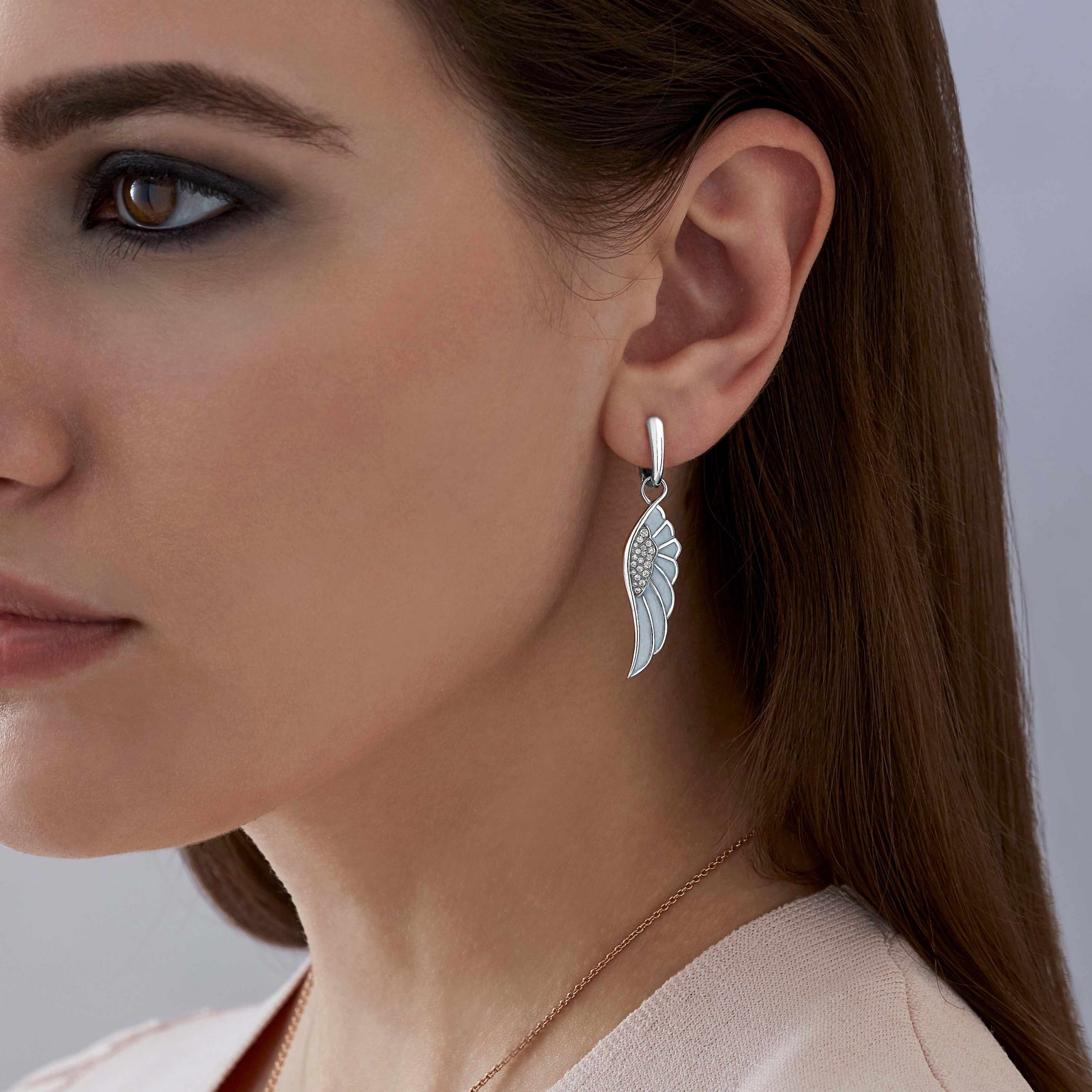 Wings Reflection jewellery collection Hoop and Drop Enamel Earrings In 18ct White Gold with Diamonds 2014697 On Model Wings Reflection jewellery collection Hoop and Drop Enamel Earrings In 18ct White Gold with Diamonds 2014697 On Model