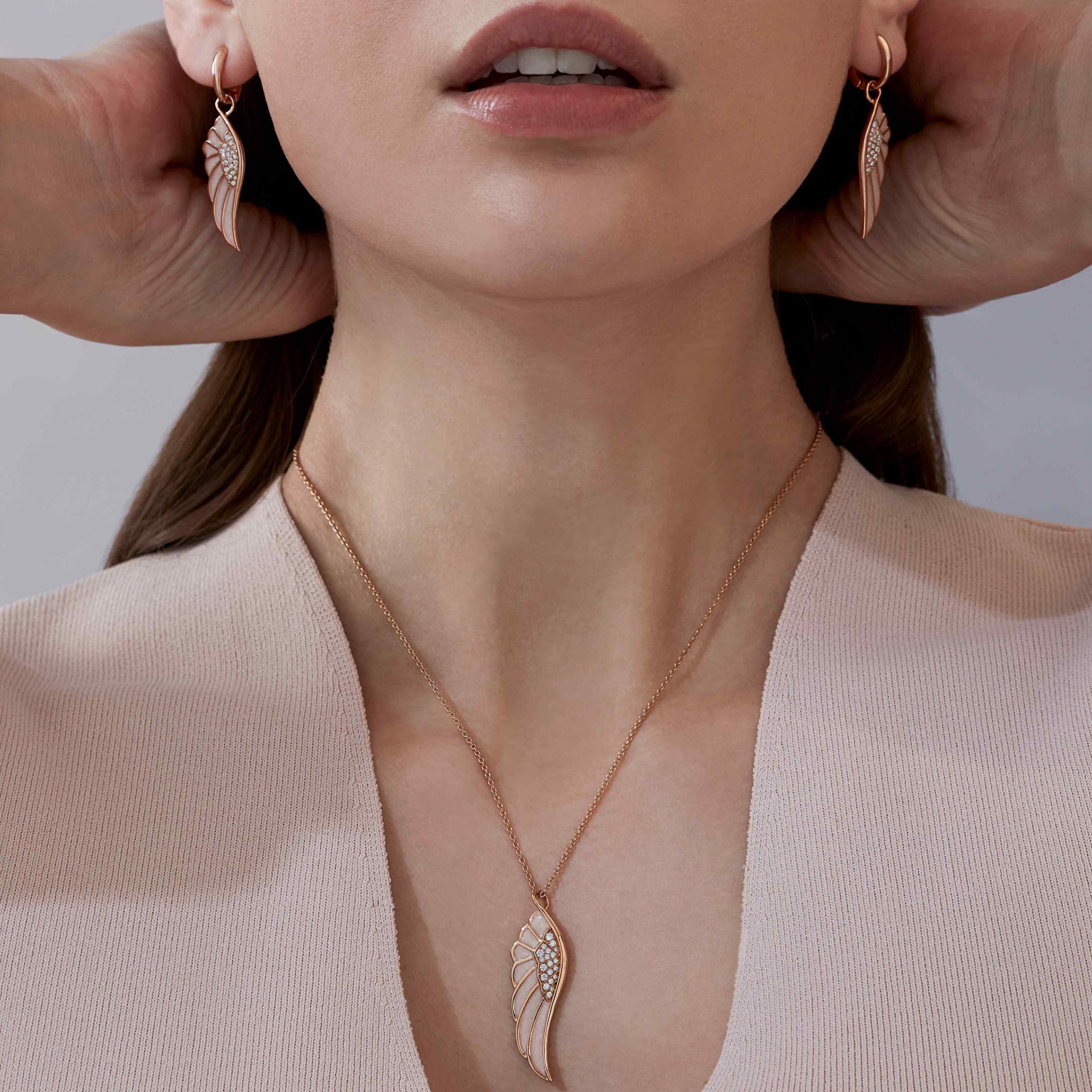 Wings Reflection jewellery collection Spring Hoop and Drop Enamel Earrings In 18ct Rose Gold with Diamonds 2014698 and pendant On Model Wings Reflection jewellery collection Spring Hoop and Drop Enamel Earrings In 18ct Rose Gold with Diamonds 2014698 and pendant On Model