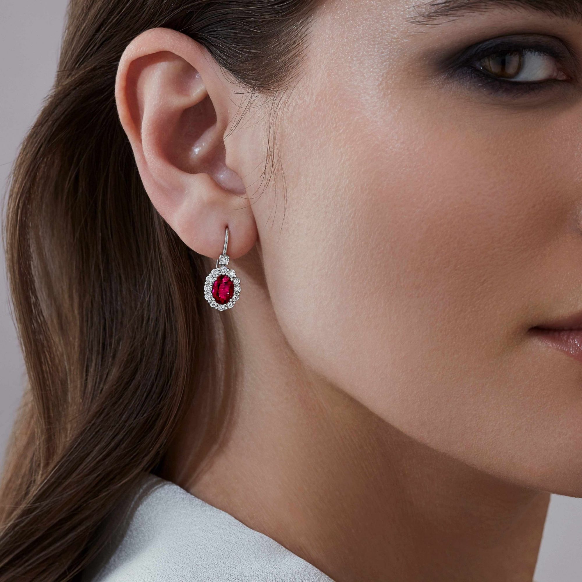 Garrard 1735 jewellery collection ruby drop earrings in Platinum with diamonds JE17PT10 On Model scaled 2