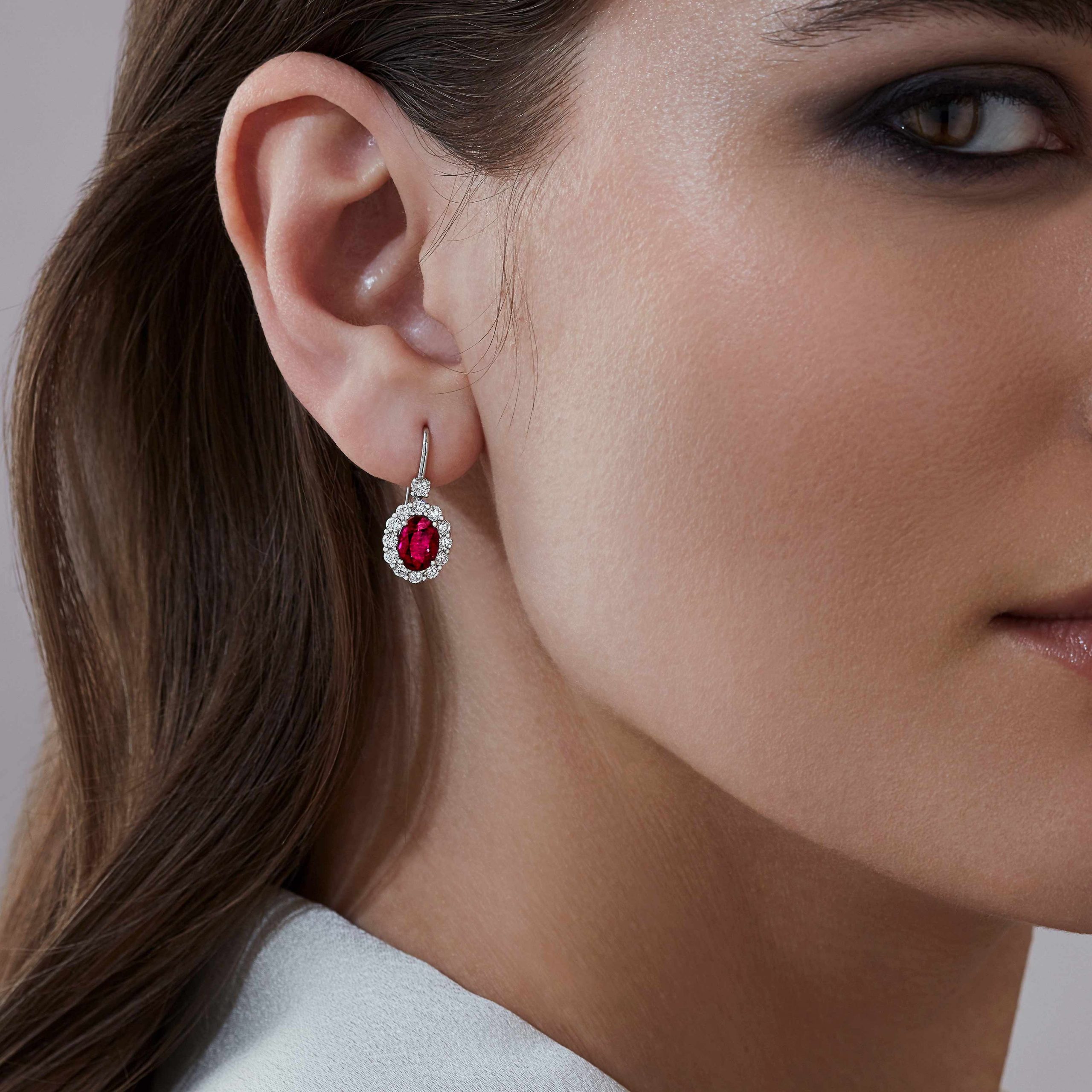 Garrard 1735 jewellery collection ruby drop earrings in Platinum with diamonds JE17PT10 On Model scaled 2 Garrard 1735 jewellery collection ruby drop earrings in Platinum with diamonds JE17PT10 On Model scaled 2