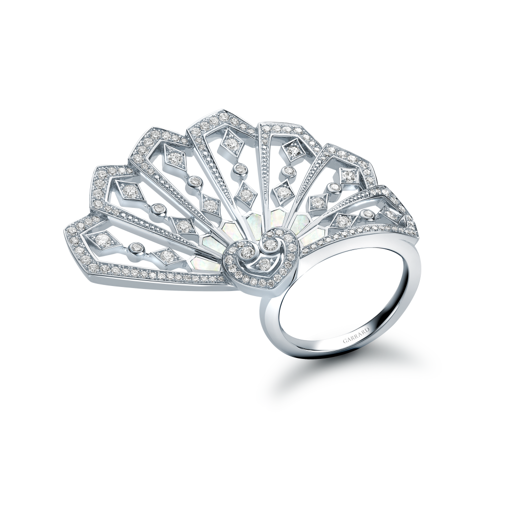 Garrard Fanfare Classic jewellery collection white diamond and mother of pearl ring in 18ct white gold 2015313 Hero View
