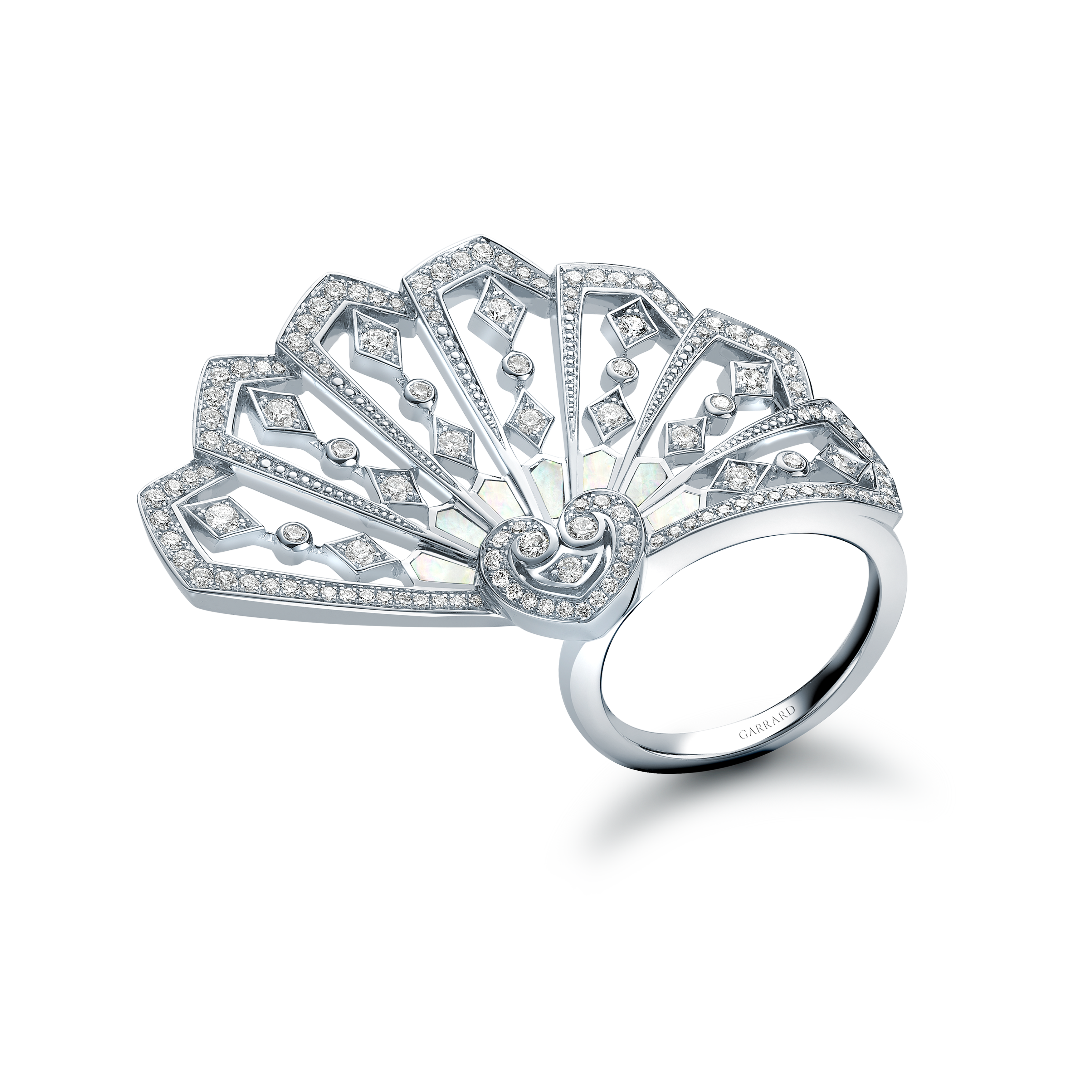 Garrard Fanfare Classic jewellery collection white diamond and mother of pearl ring in 18ct white gold 2015313 Hero View Garrard Fanfare Classic jewellery collection white diamond and mother of pearl ring in 18ct white gold 2015313 Hero View