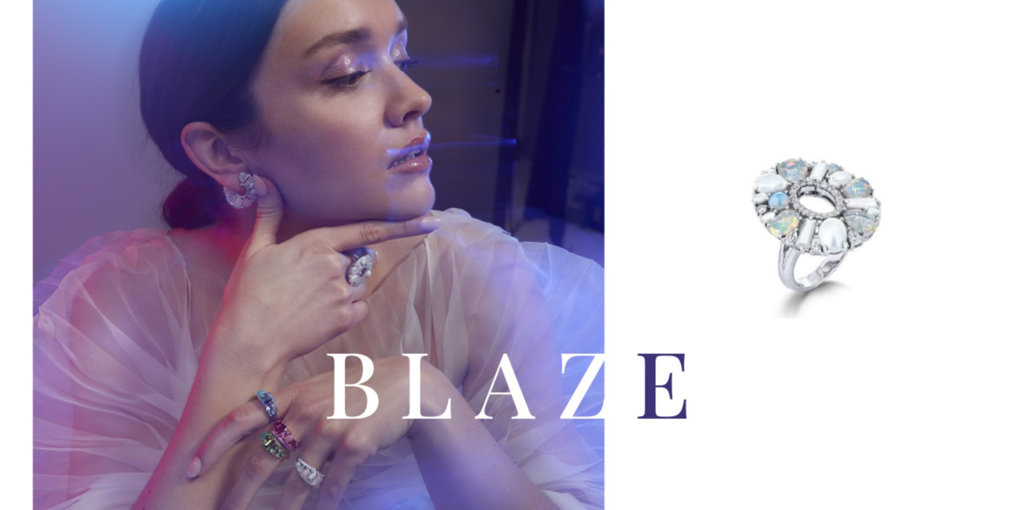 Garrard Brand Ambassador Olivia Cooke wears Blaze jewellery collection earrings and rings next to a ring close up image 2
