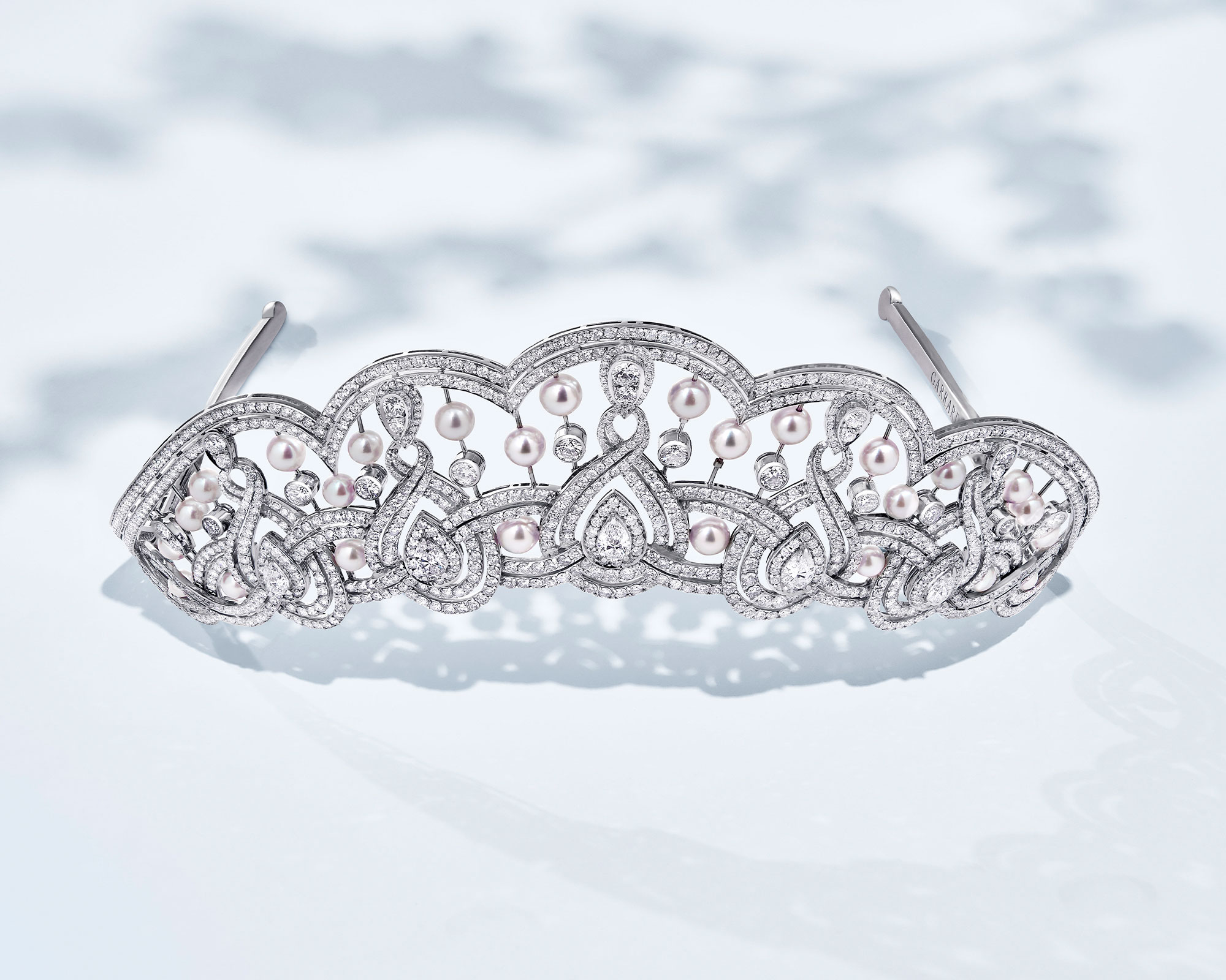 Close up of a Garrard High Jewellery Diamond and Pearl Tiara spring campaign mobile